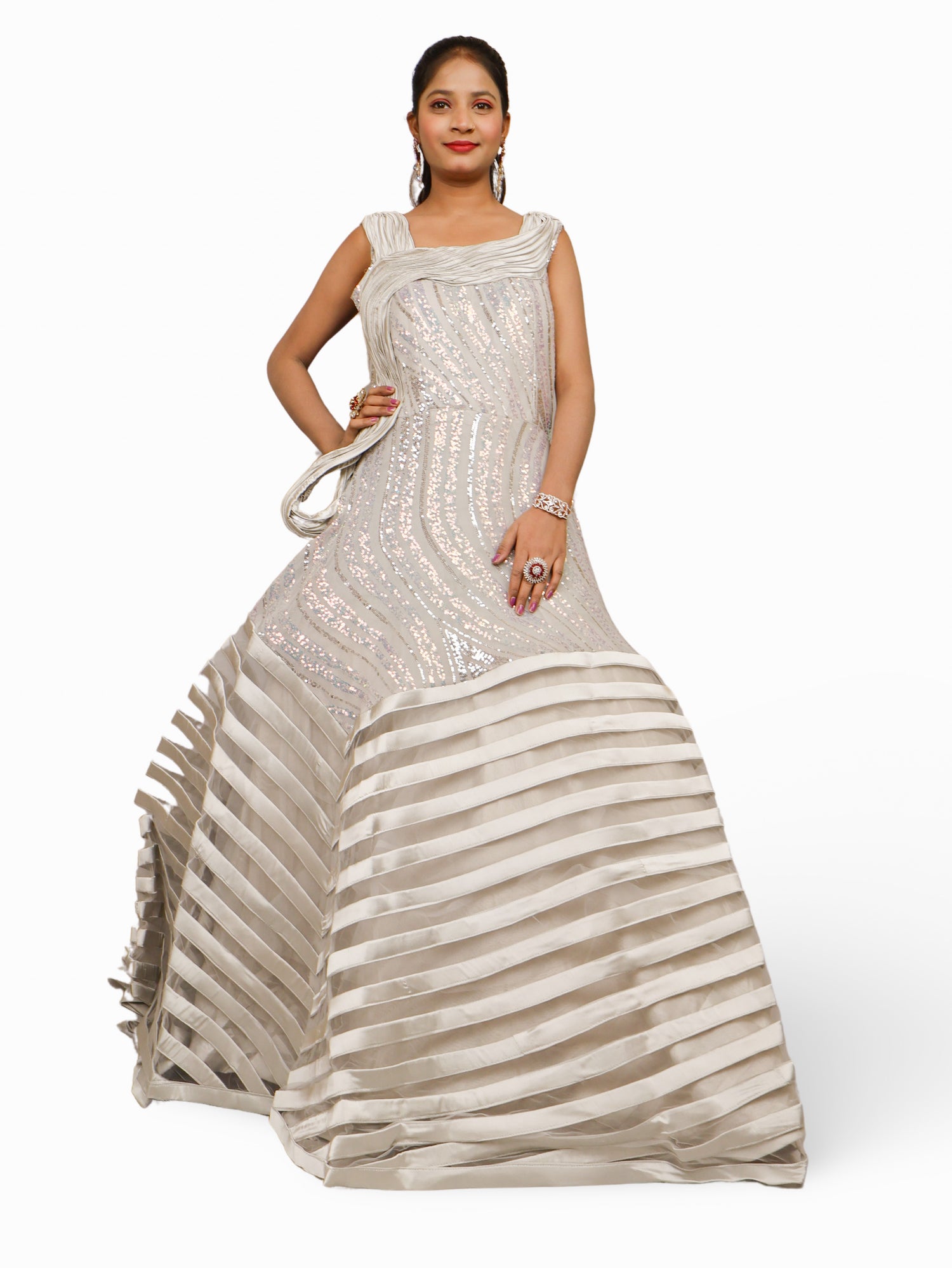 Gown with heavy Rose Gold & Gold Sequin Work Grey Designer Gowns for Party Festival Wedding Occasion in Noida