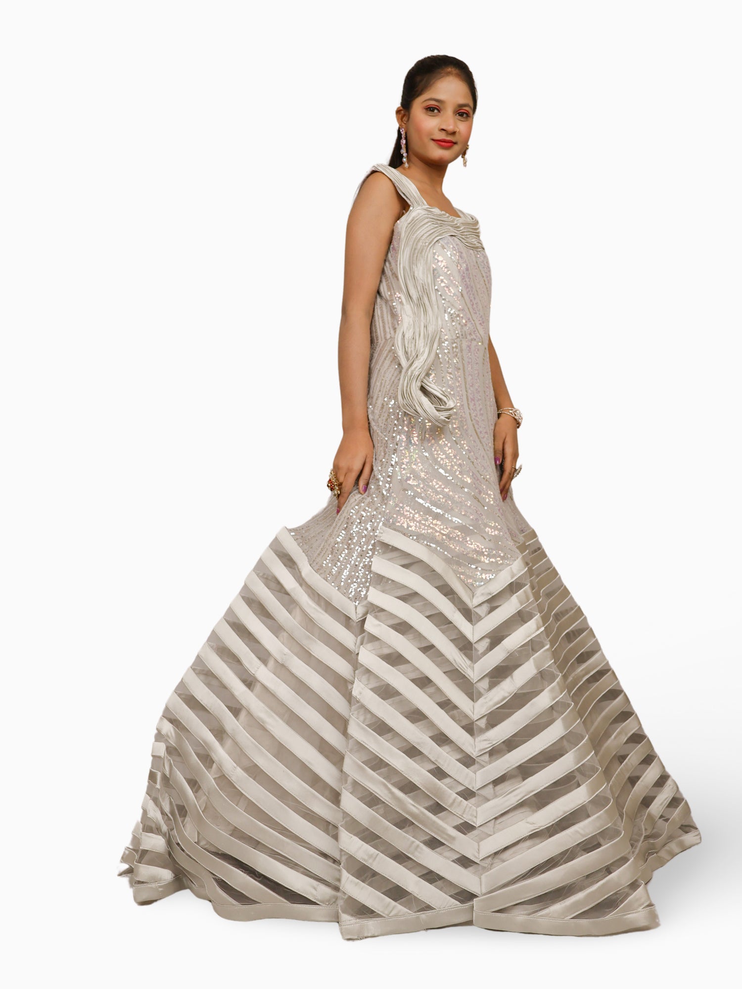 Gown with heavy Rose Gold & Gold Sequin Work Grey Designer Gowns for Party Festival Wedding Occasion in Noida