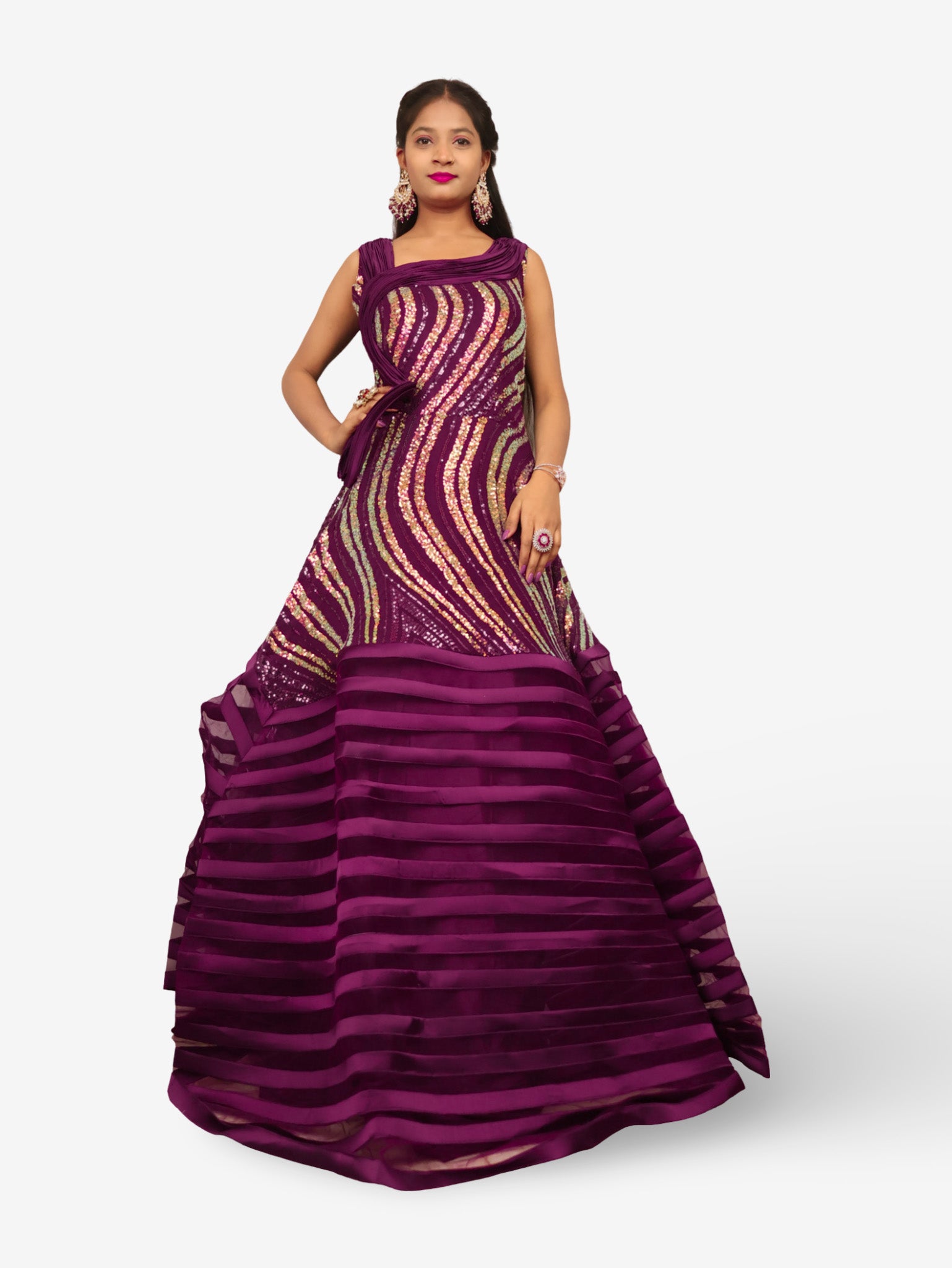 Gown with heavy Rose Gold & Gold Sequin Work Dark Purple Designer Gowns for Party Festival Wedding Occasion in Noida