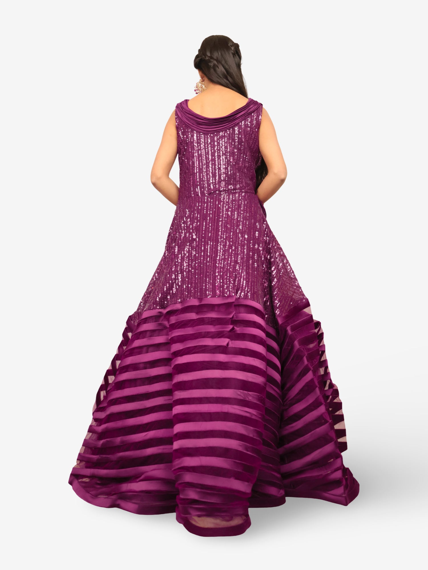 Gown with heavy Rose Gold & Gold Sequin Work Dark Purple Designer Gowns for Party Festival Wedding Occasion in Noida