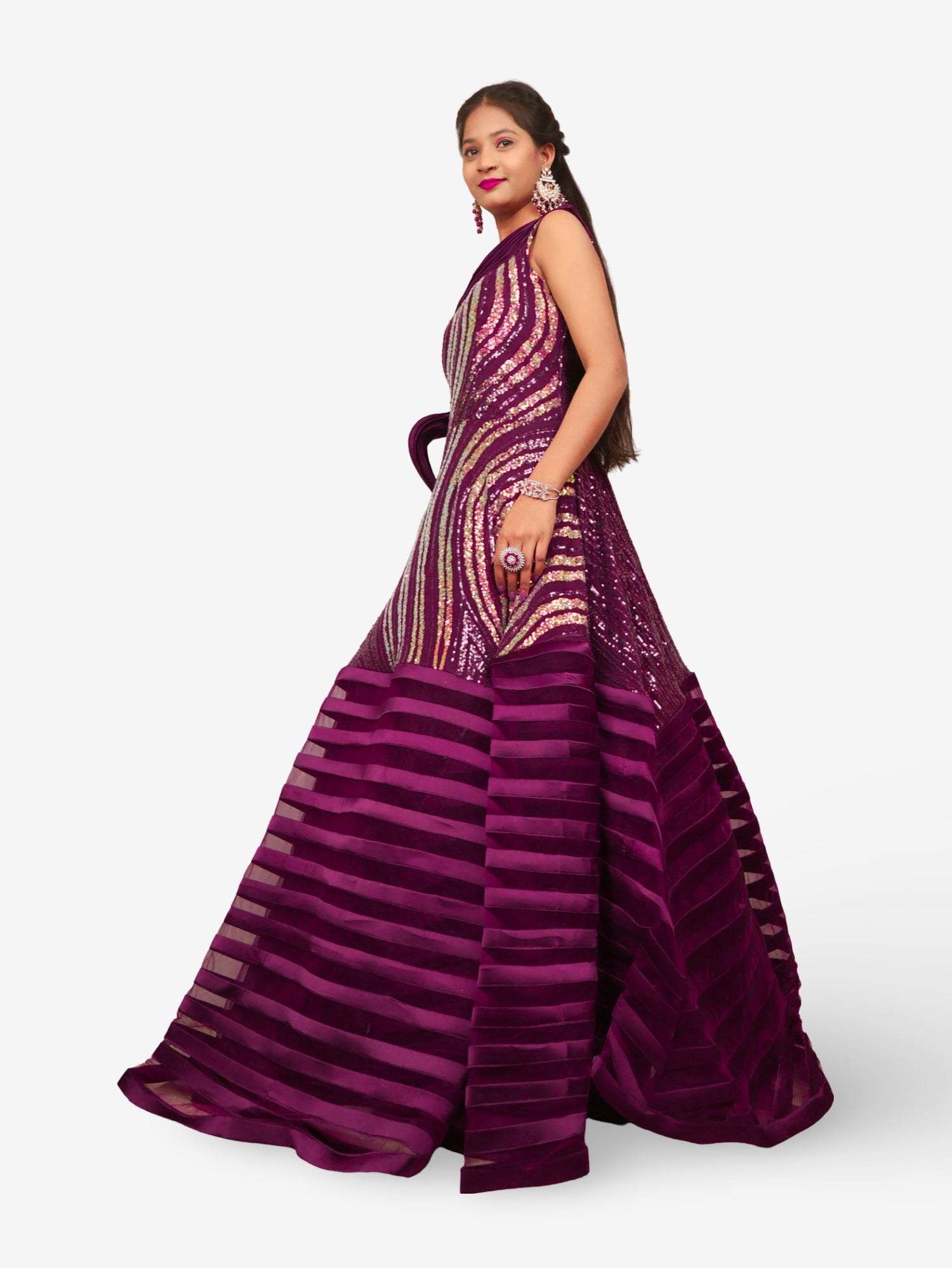 Gown with heavy Rose Gold & Gold Sequin Work Dark Purple Designer Gowns for Party Festival Wedding Occasion in Noida