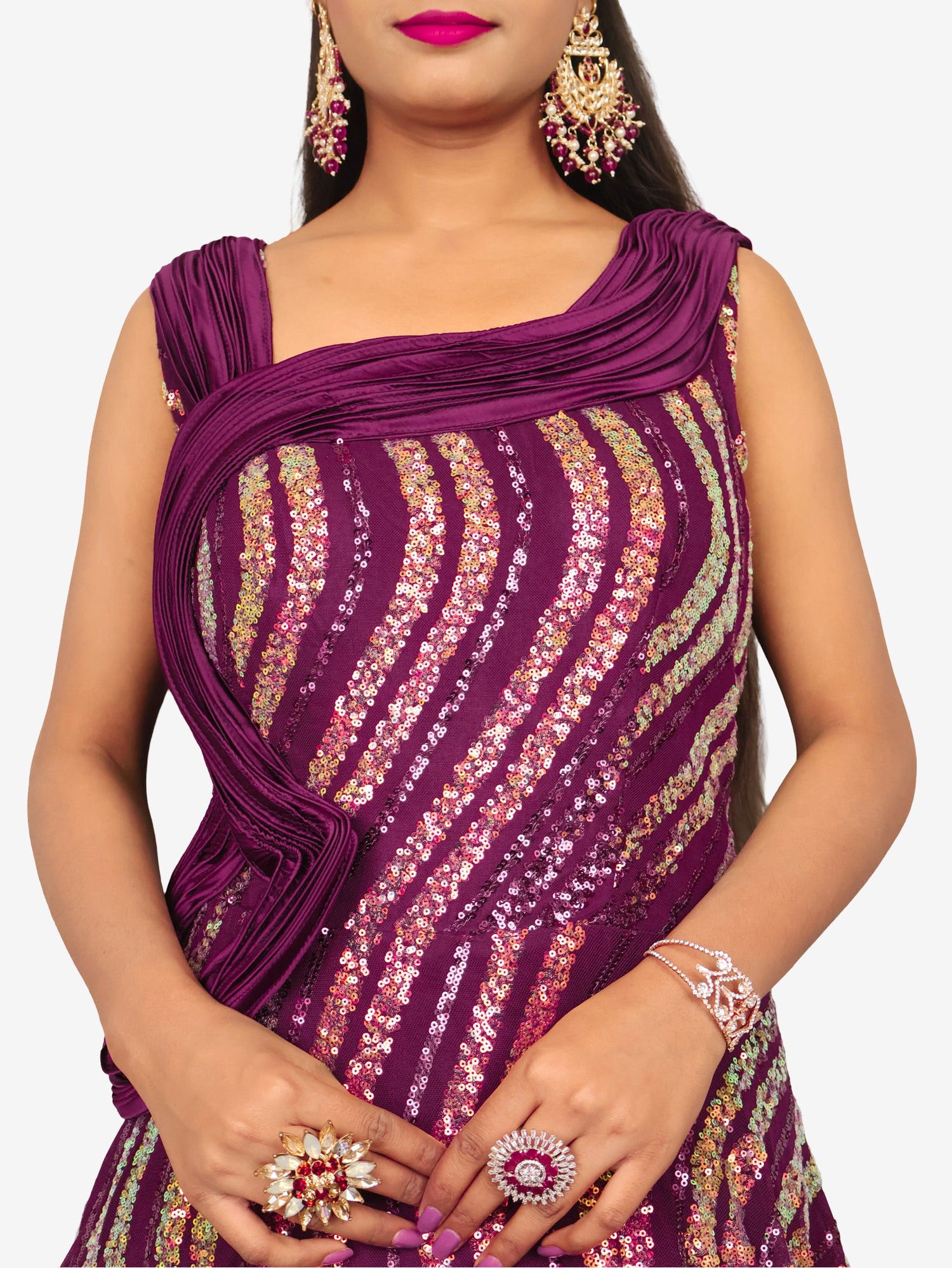 Gown with heavy Rose Gold & Gold Sequin Work Dark Purple Designer Gowns for Party Festival Wedding Occasion in Noida