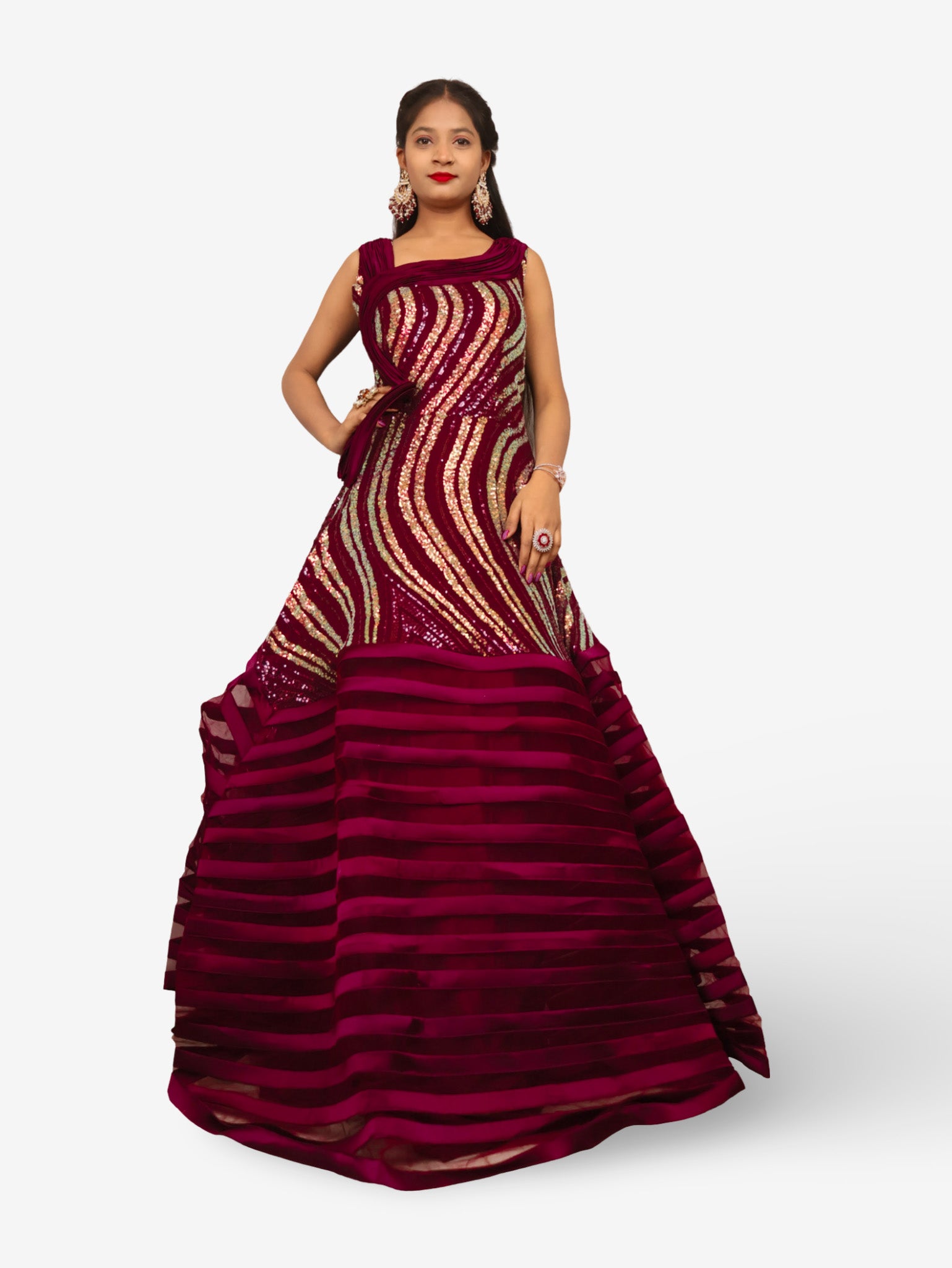 Gown with heavy Rose Gold & Gold Sequin Work Maroon Designer Gowns for Party Festival Wedding Occasion in Noida