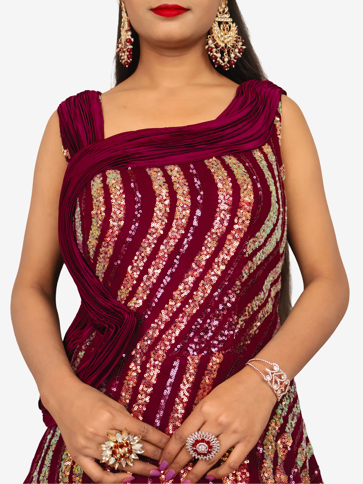 Gown with heavy Rose Gold & Gold Sequin Work Maroon Designer Gowns for Party Festival Wedding Occasion in Noida