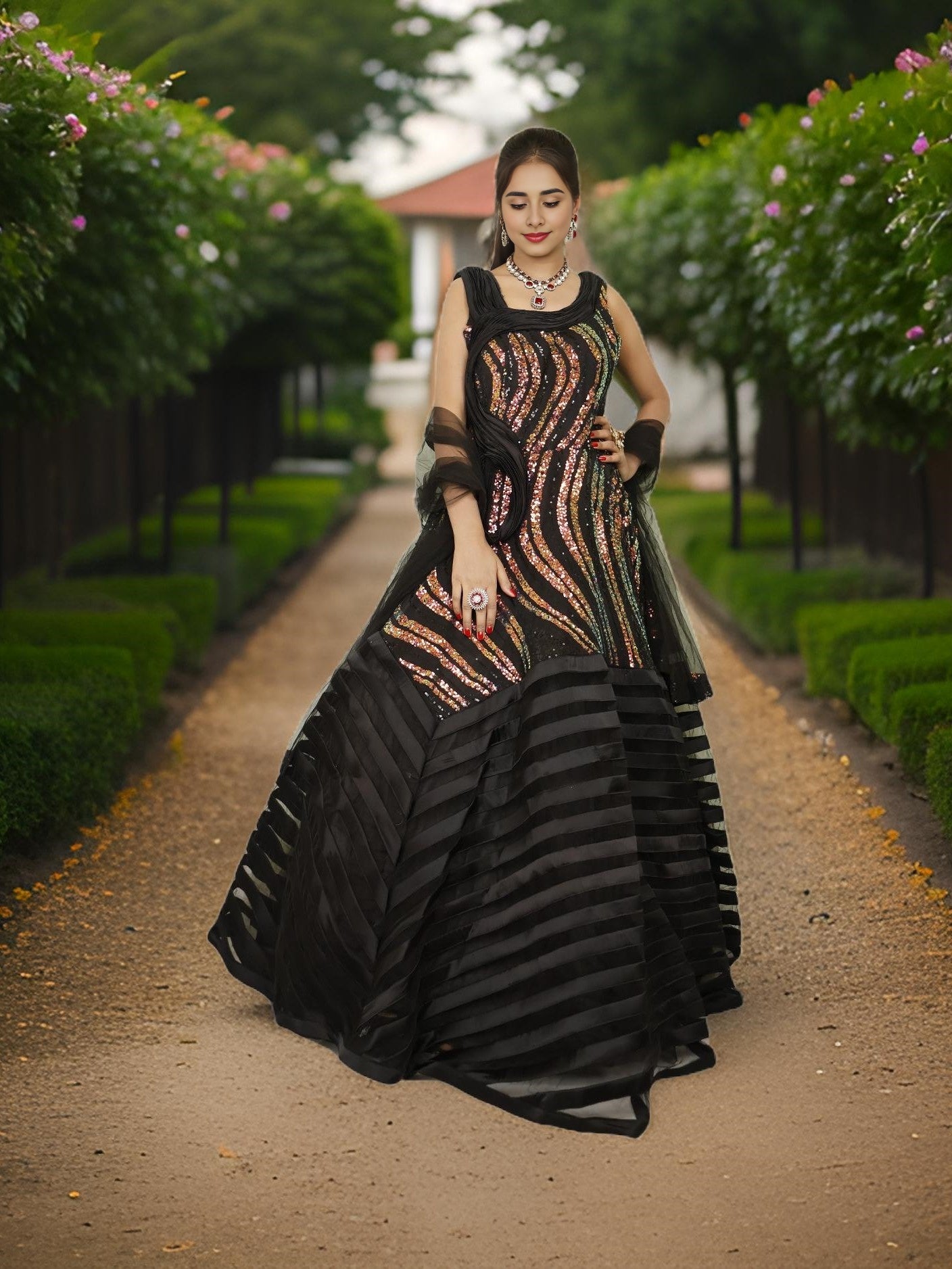 Gown with heavy Rose Gold & Gold Sequin Work Shreekama Gown with heavy Rose Gold & Gold Sequin Work Shreekama
