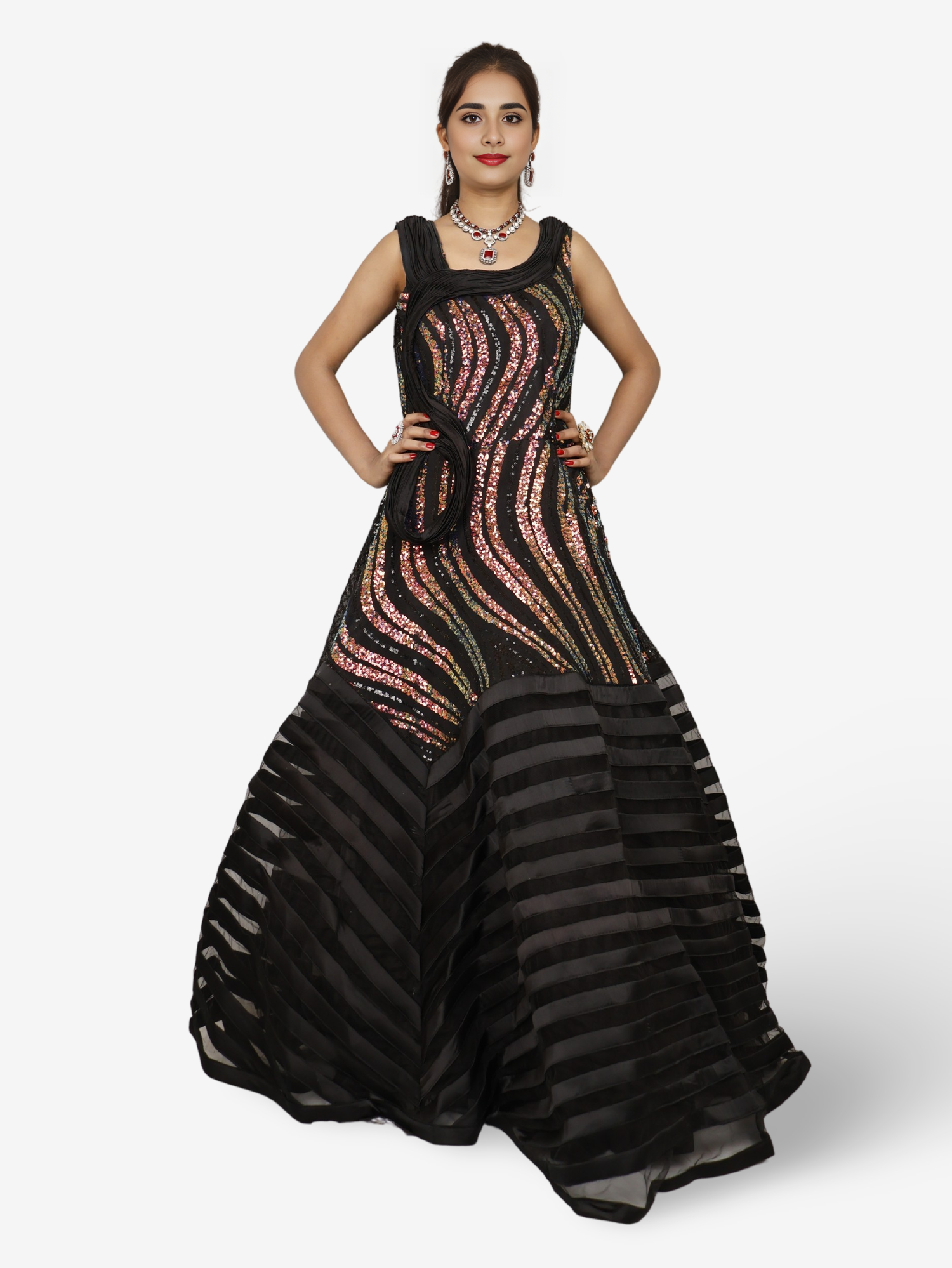 Gown with heavy Rose Gold & Gold Sequin Work Black Designer Gowns for Party Festival Wedding Occasion in Noida