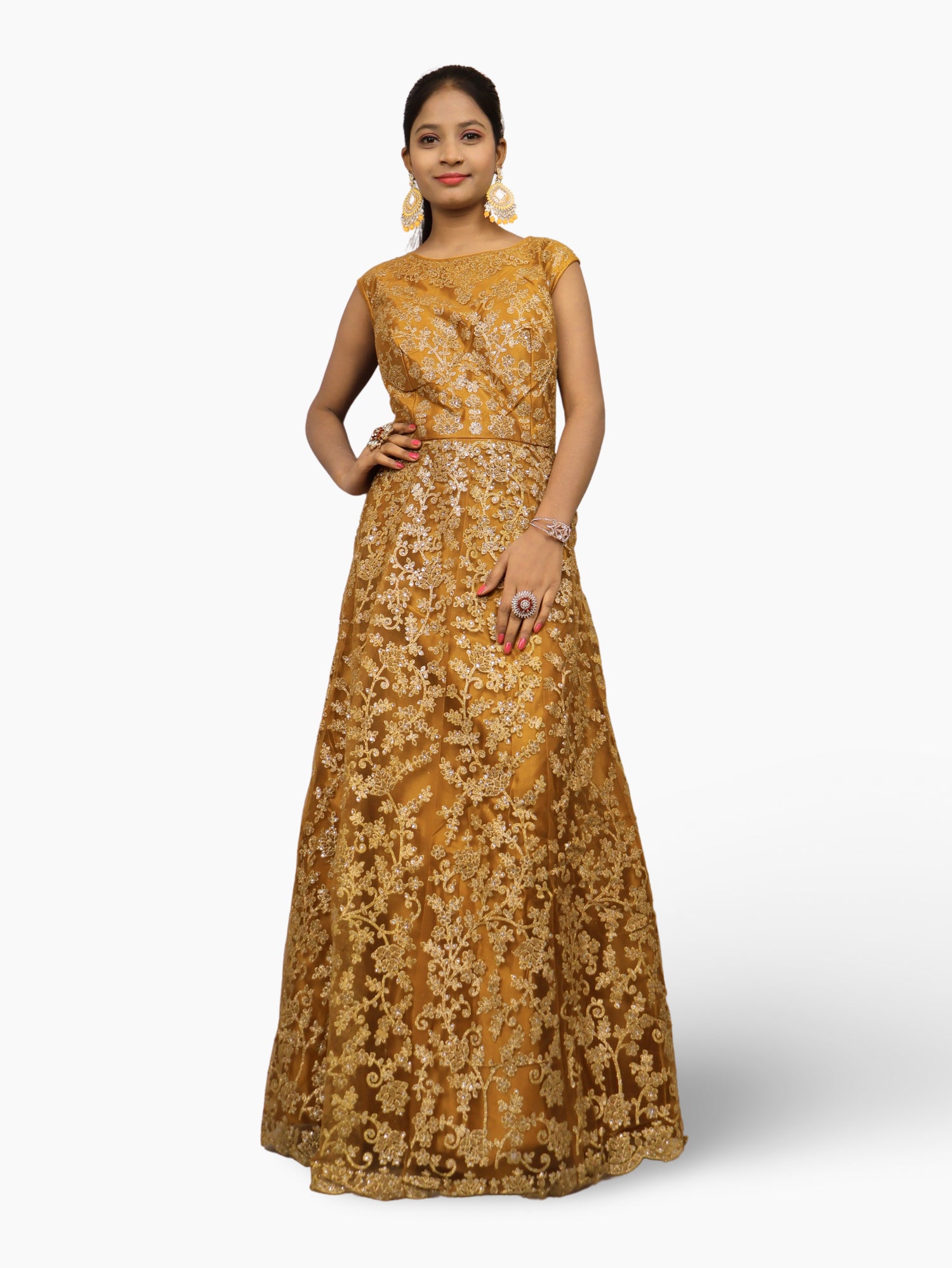 Gown with Shimmery Rubber & Beads Work by Shreekama Mustard Yellow Designer Gowns for Party Festival Wedding Occasion in Noida