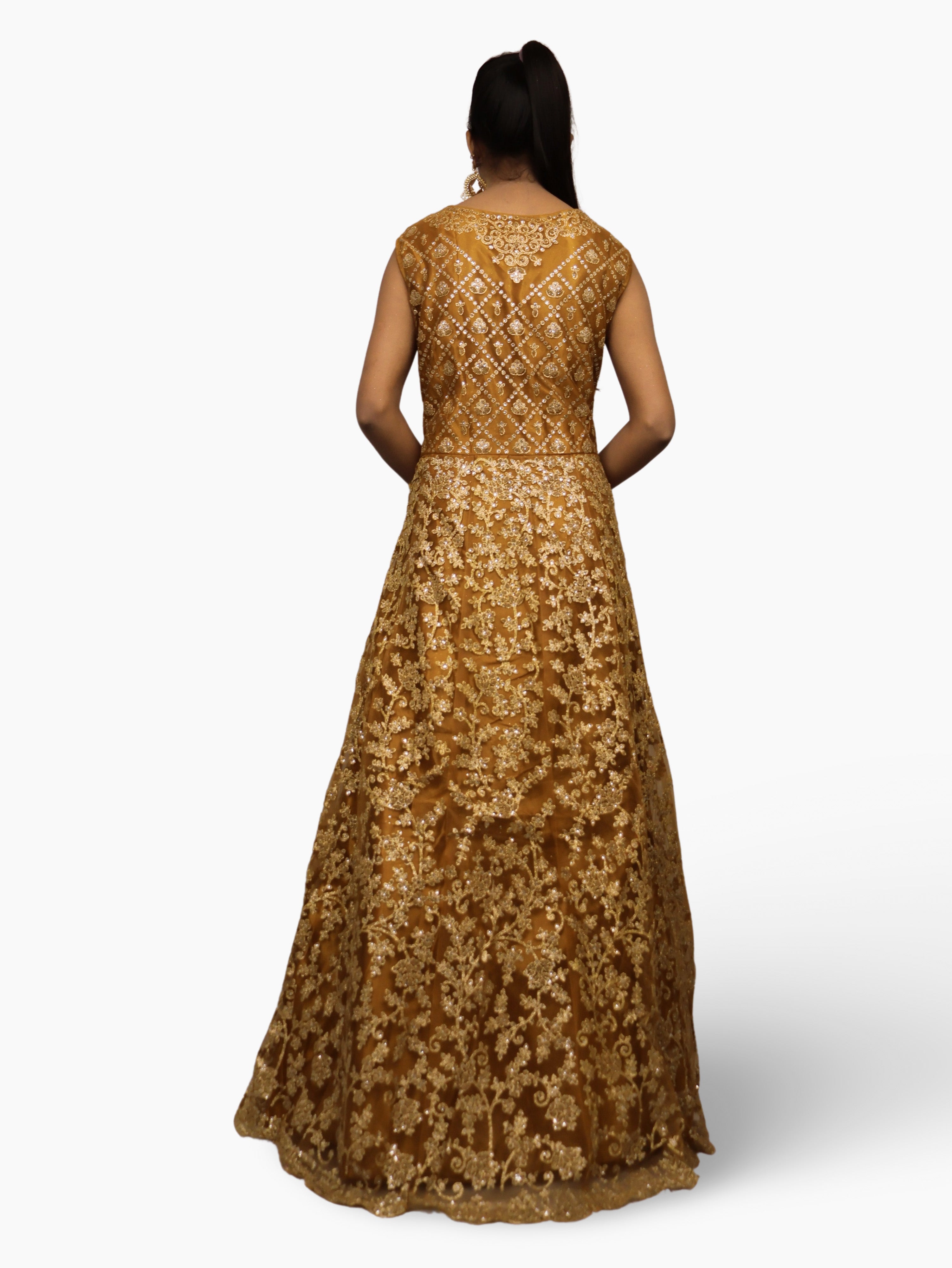 Gown with Shimmery Rubber & Beads Work by Shreekama Mustard Yellow Designer Gowns for Party Festival Wedding Occasion in Noida