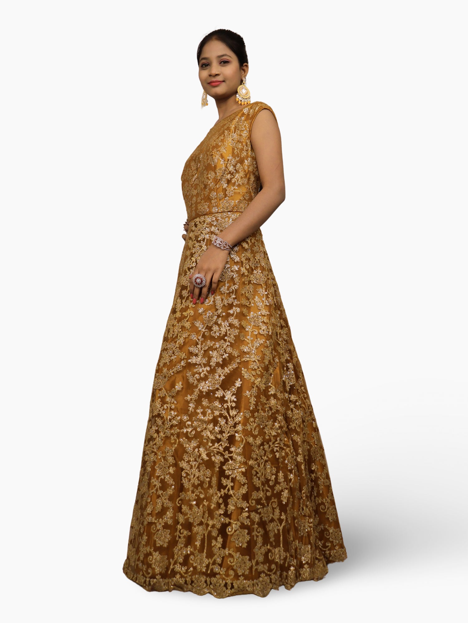 Gown with Shimmery Rubber & Beads Work by Shreekama Mustard Yellow Designer Gowns for Party Festival Wedding Occasion in Noida