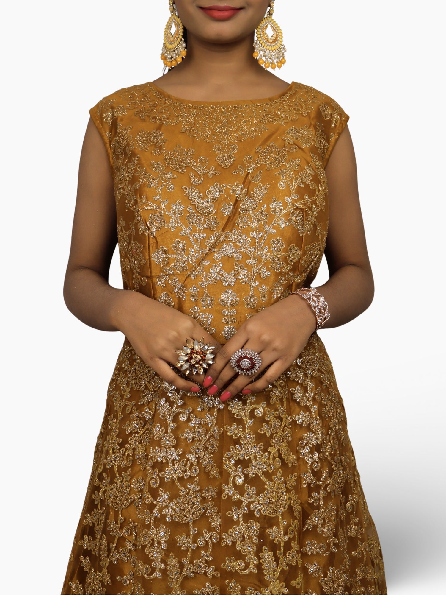 Gown with Shimmery Rubber & Beads Work by Shreekama Mustard Yellow Designer Gowns for Party Festival Wedding Occasion in Noida