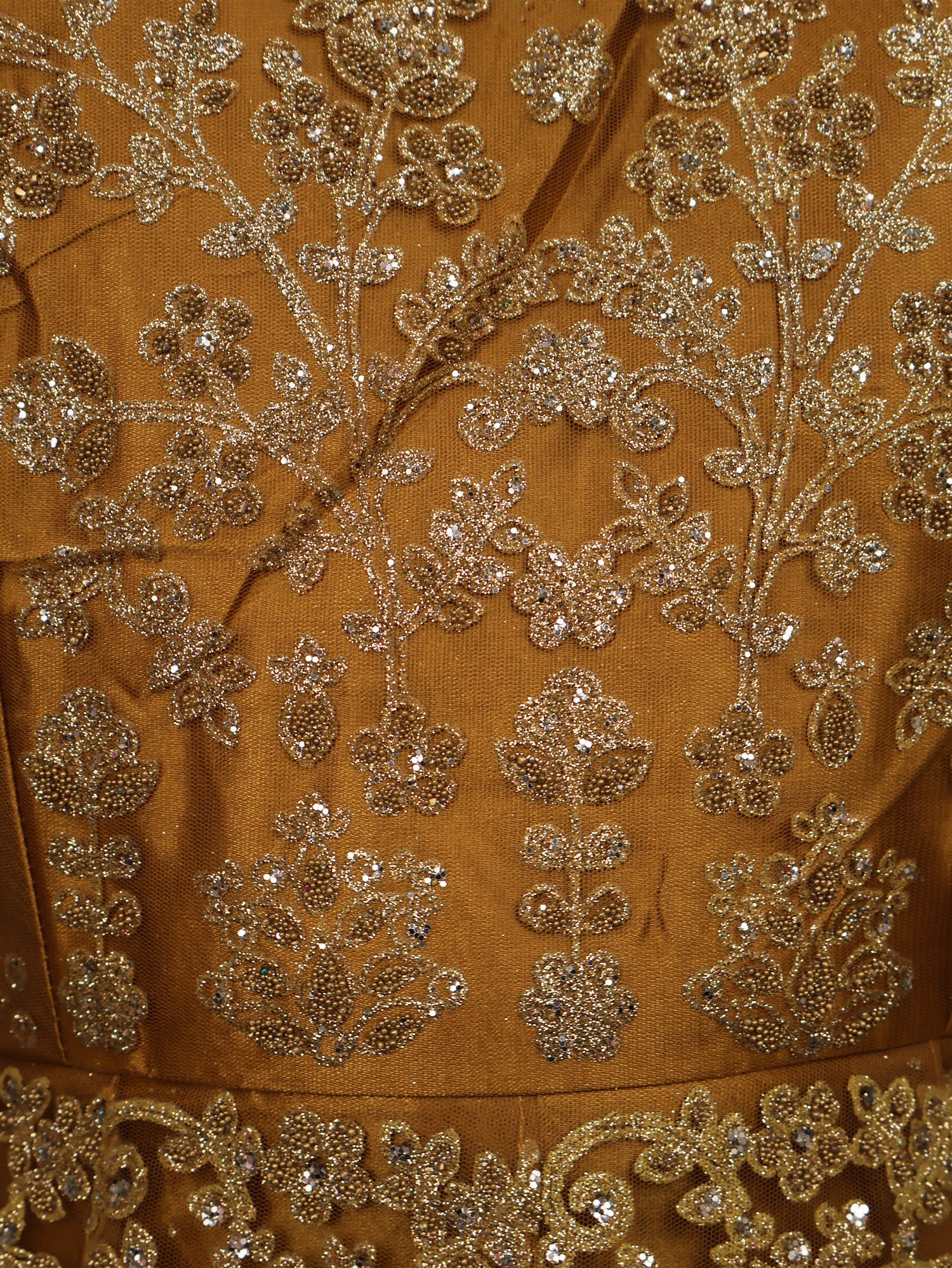 Gown with Shimmery Rubber & Beads Work by Shreekama Mustard Yellow Designer Gowns for Party Festival Wedding Occasion in Noida