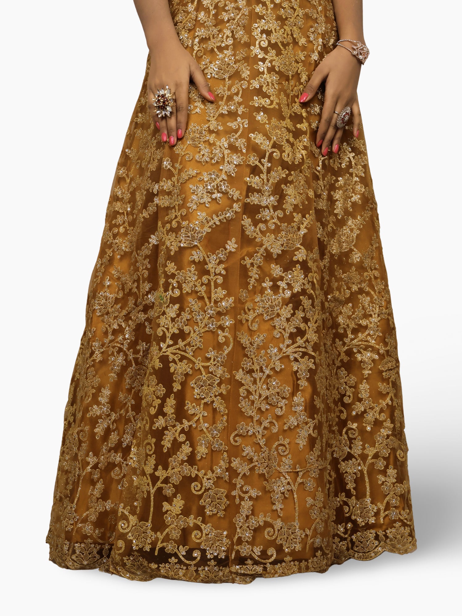 Gown with Shimmery Rubber & Beads Work by Shreekama Mustard Yellow Designer Gowns for Party Festival Wedding Occasion in Noida