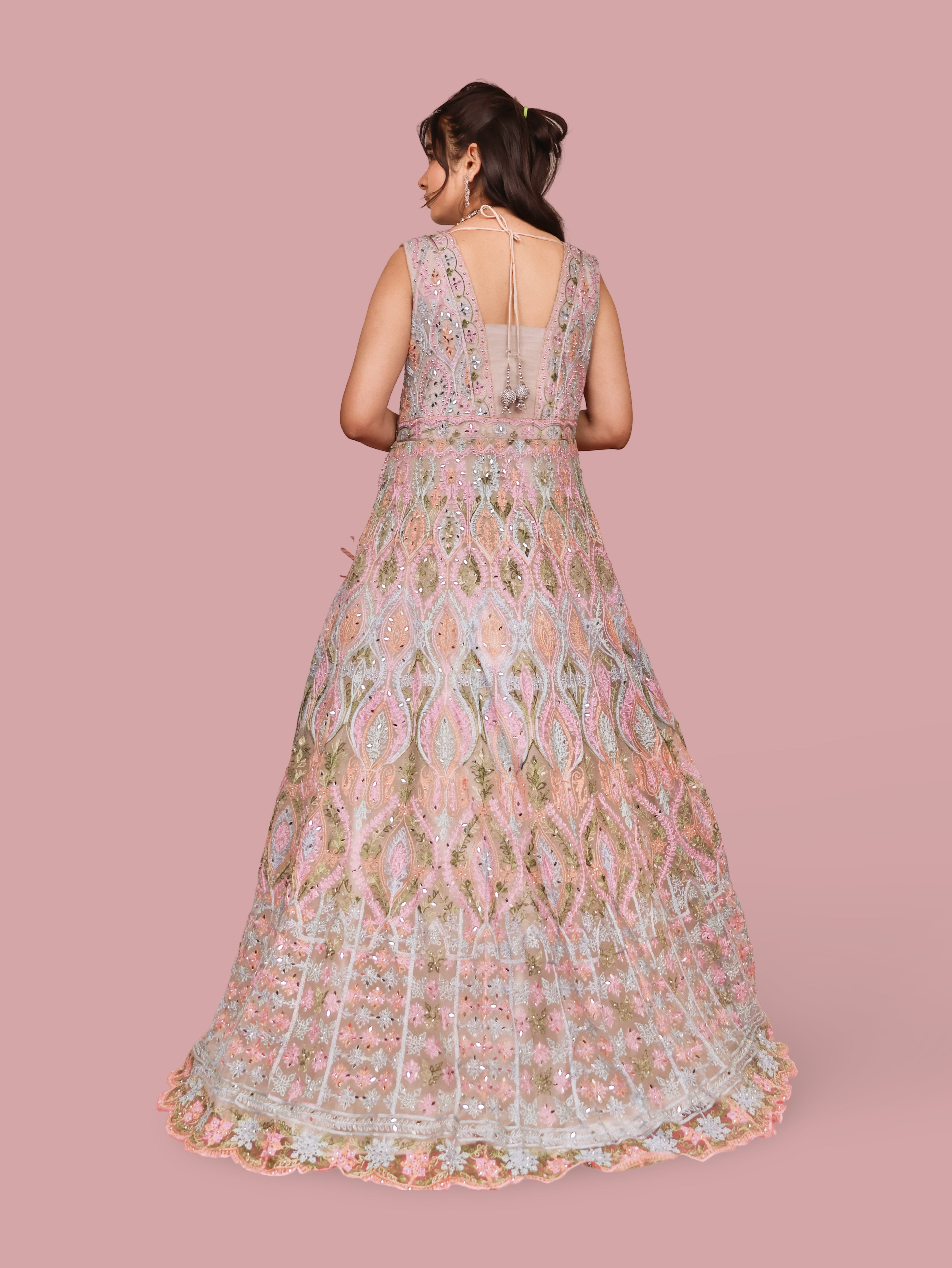 Multi Color Net Fabric Gown with Mirror Work & Embroidery by Shreekama Multi Color Designer Gowns for Party Festival Wedding Occasion in Noida