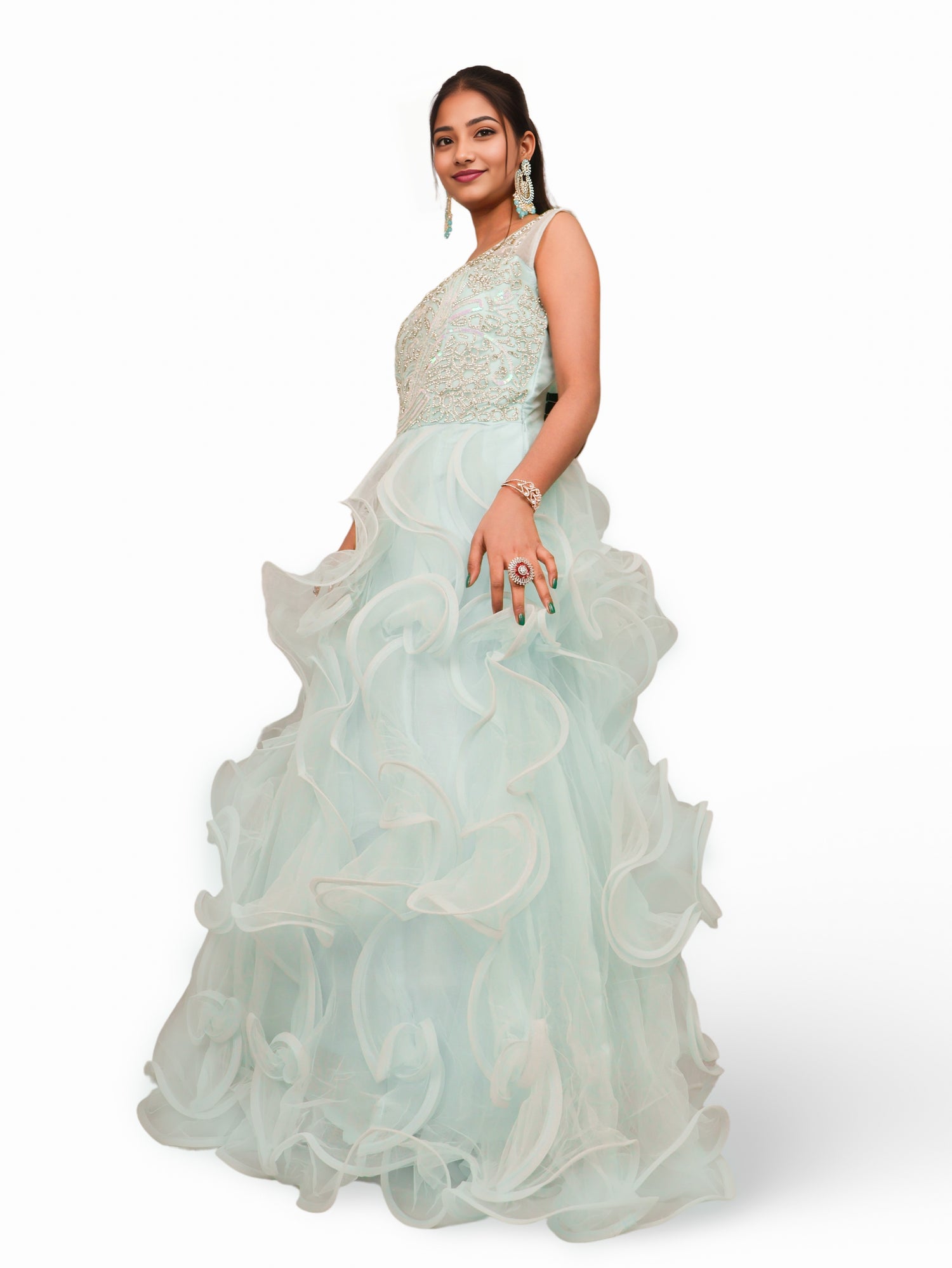 Net Fabric Gown with Stone & Sequin by Shreekama Sky Blue Designer Gowns for Party Festival Wedding Occasion in Noida