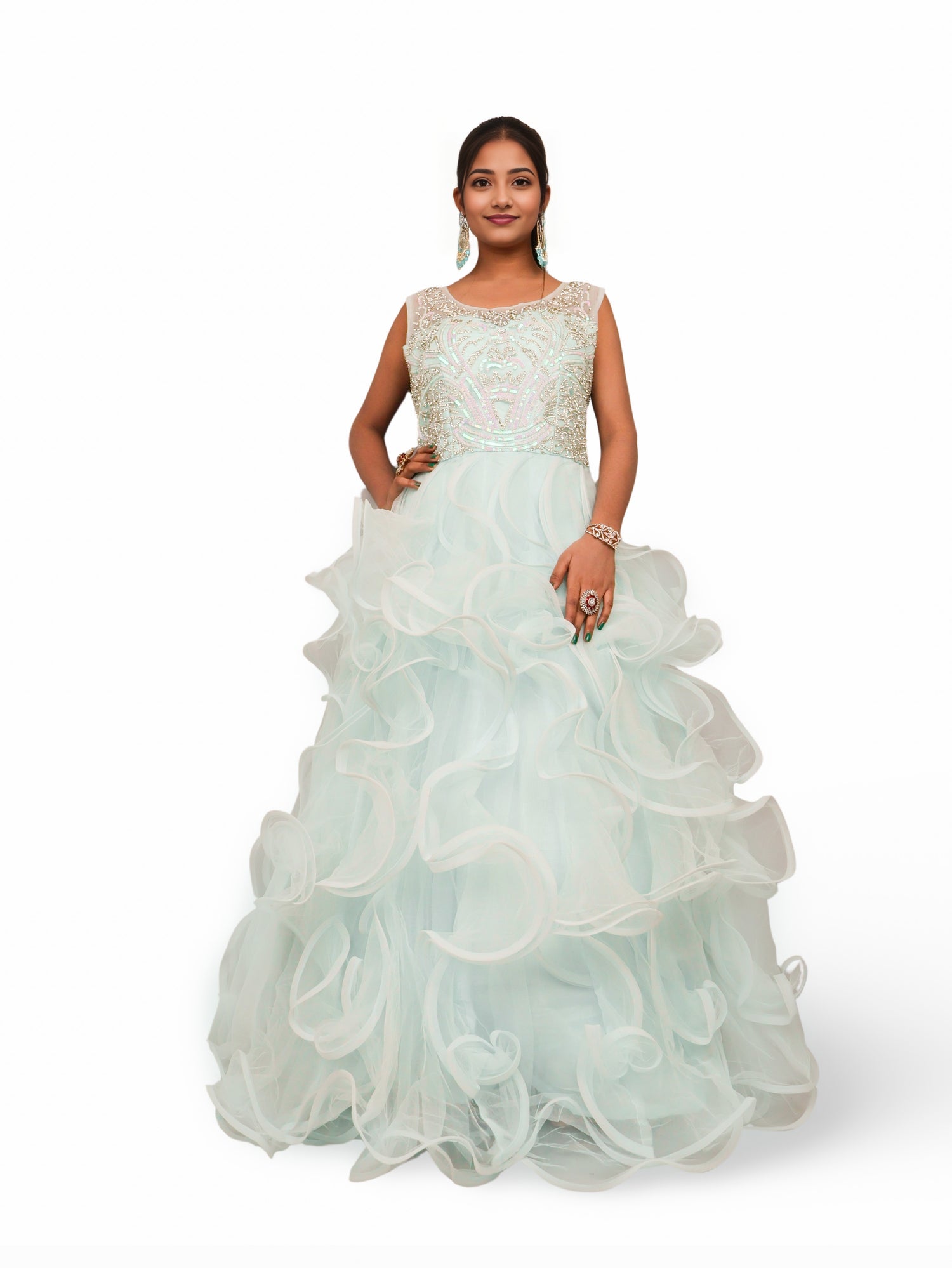 Net Fabric Gown with Stone & Sequin by Shreekama Sky Blue Designer Gowns for Party Festival Wedding Occasion in Noida