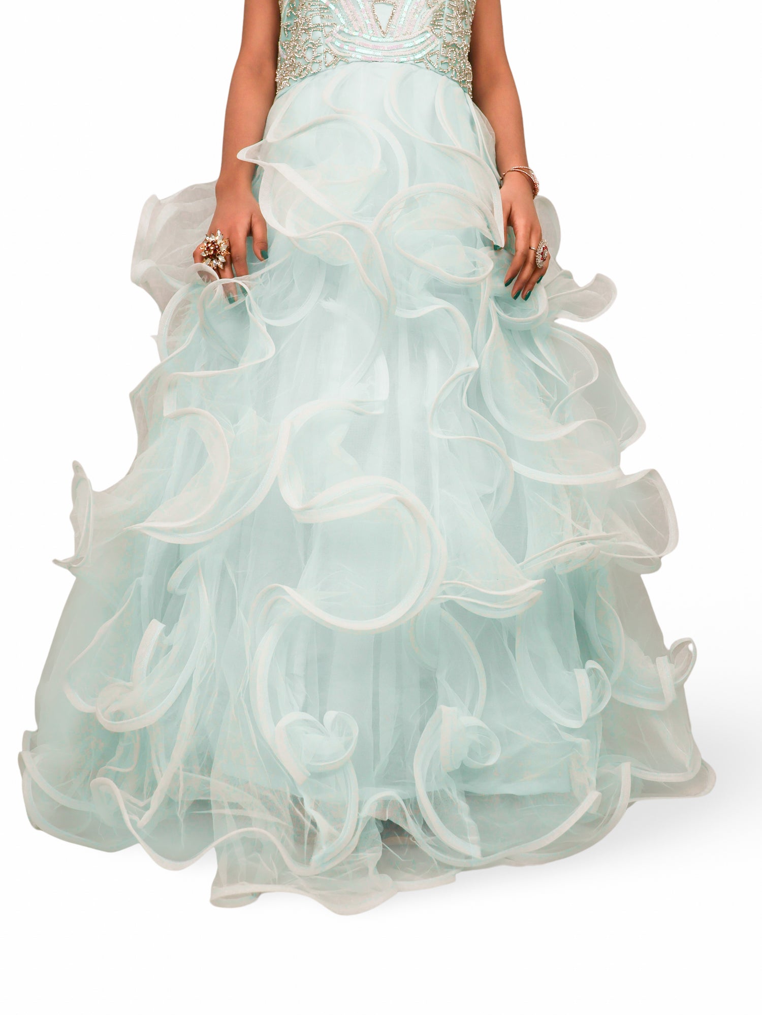 Net Fabric Gown with Stone & Sequin by Shreekama Sky Blue Designer Gowns for Party Festival Wedding Occasion in Noida