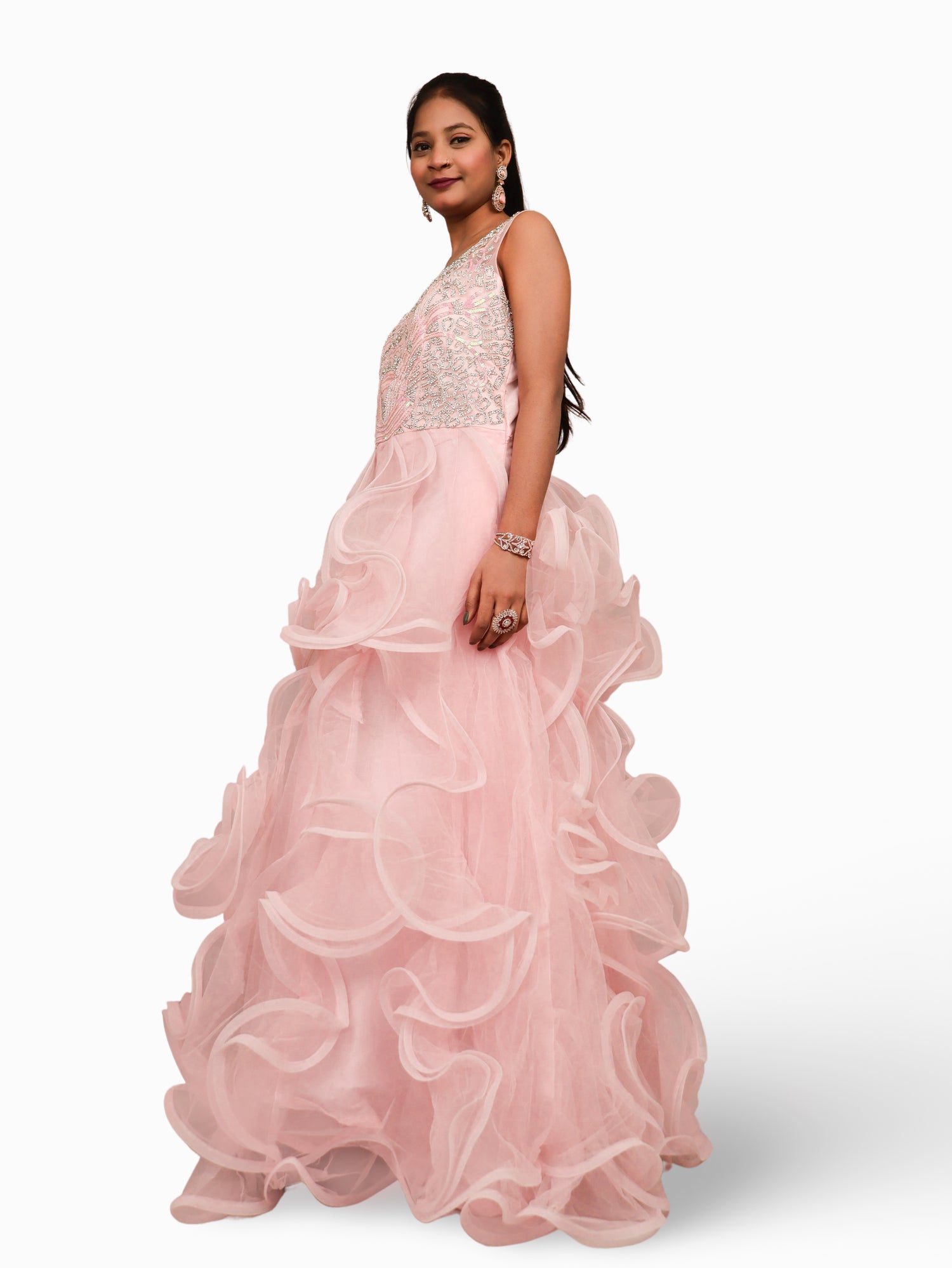 Net Fabric Gown with Stone & Sequin by Shreekama Pink Designer Gowns for Party Festival Wedding Occasion in Noida