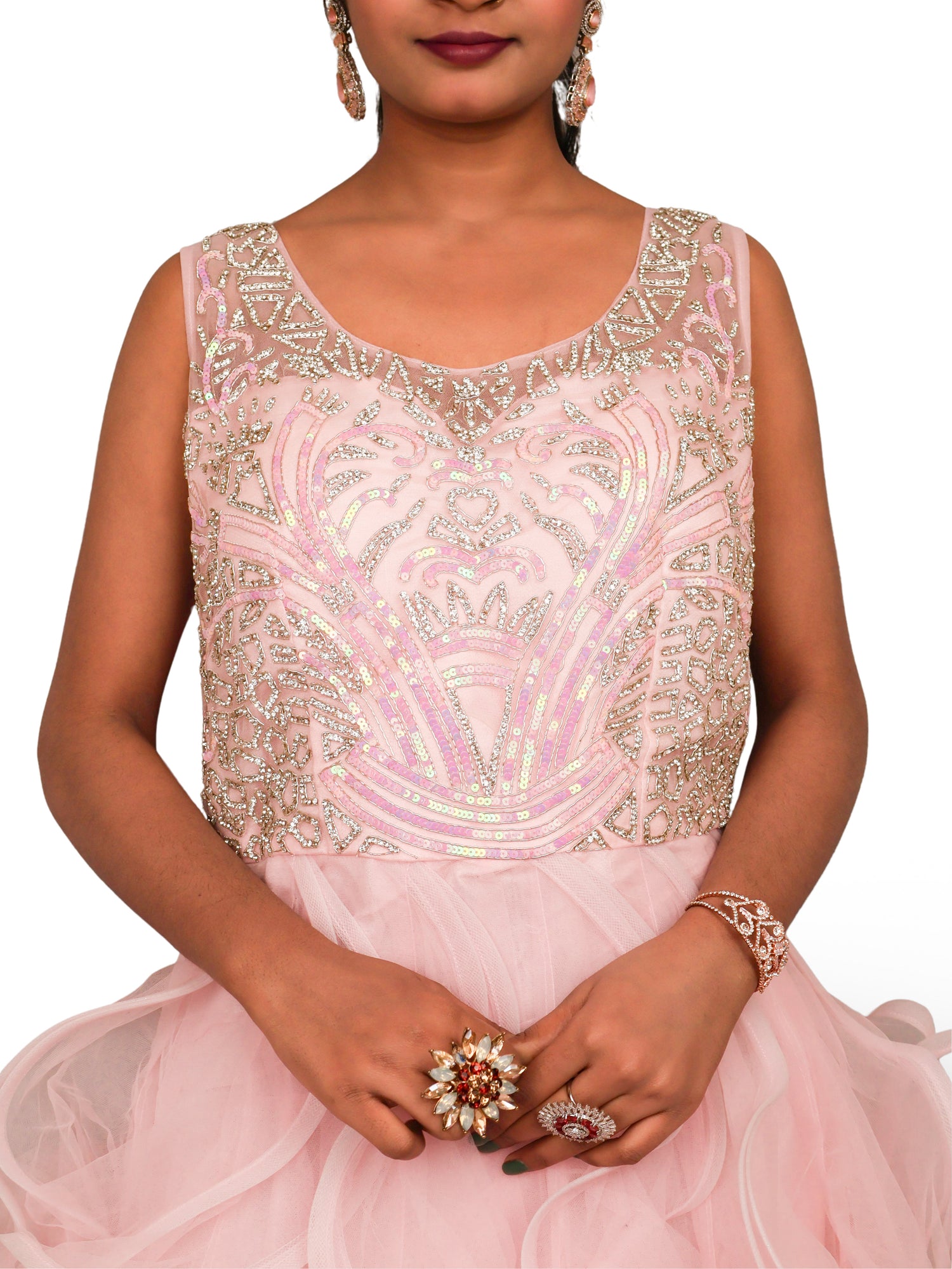 Net Fabric Gown with Stone & Sequin by Shreekama Pink Designer Gowns for Party Festival Wedding Occasion in Noida