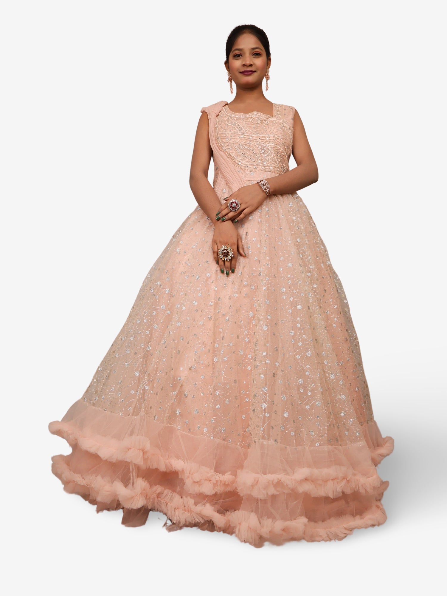 Gown with Cut Dana & Glitter Work by Shreekama Peach Designer Gowns for Party Festival Wedding Occasion in Noida