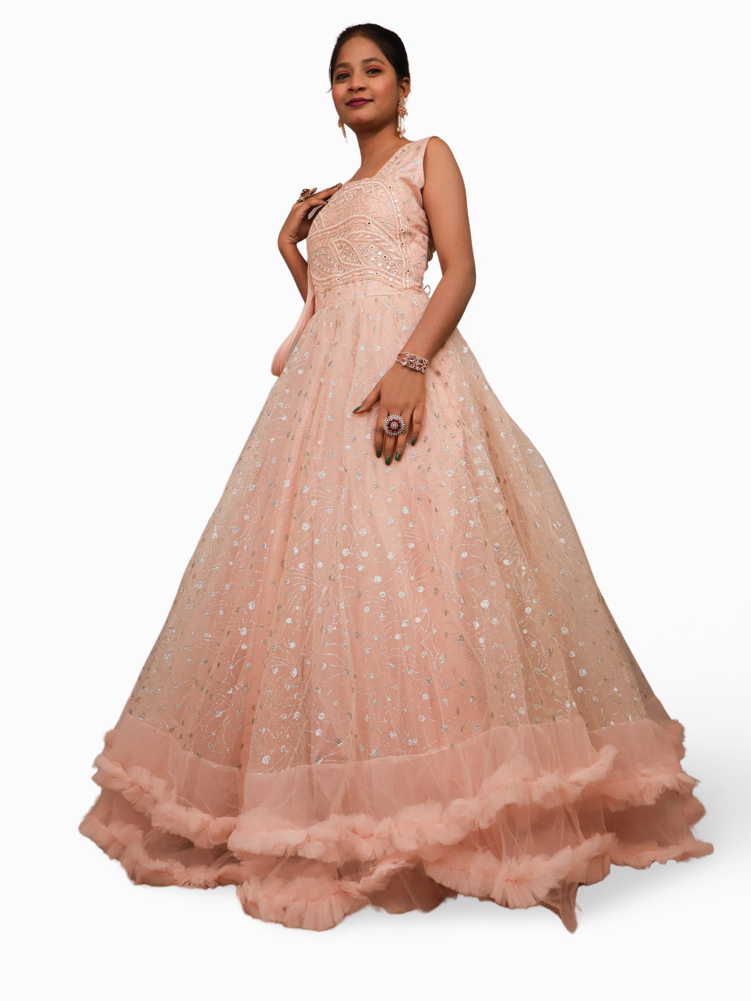 Gown with Cut Dana & Glitter Work by Shreekama Peach Designer Gowns for Party Festival Wedding Occasion in Noida