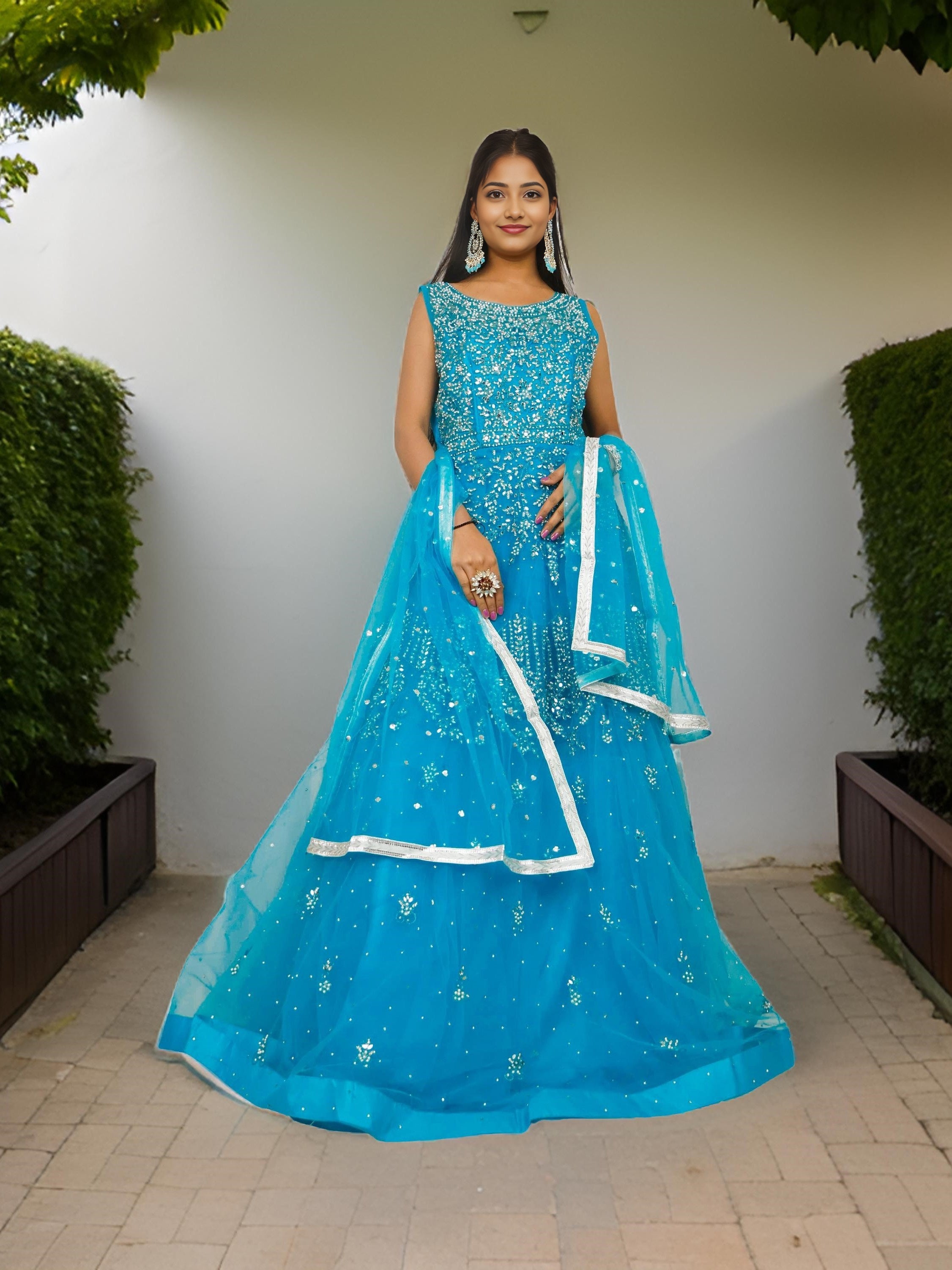Net Fabric Gown with Mirror & Pearls by Shreekama Blue Designer Gowns for Party Festival Wedding Occasion in Noida