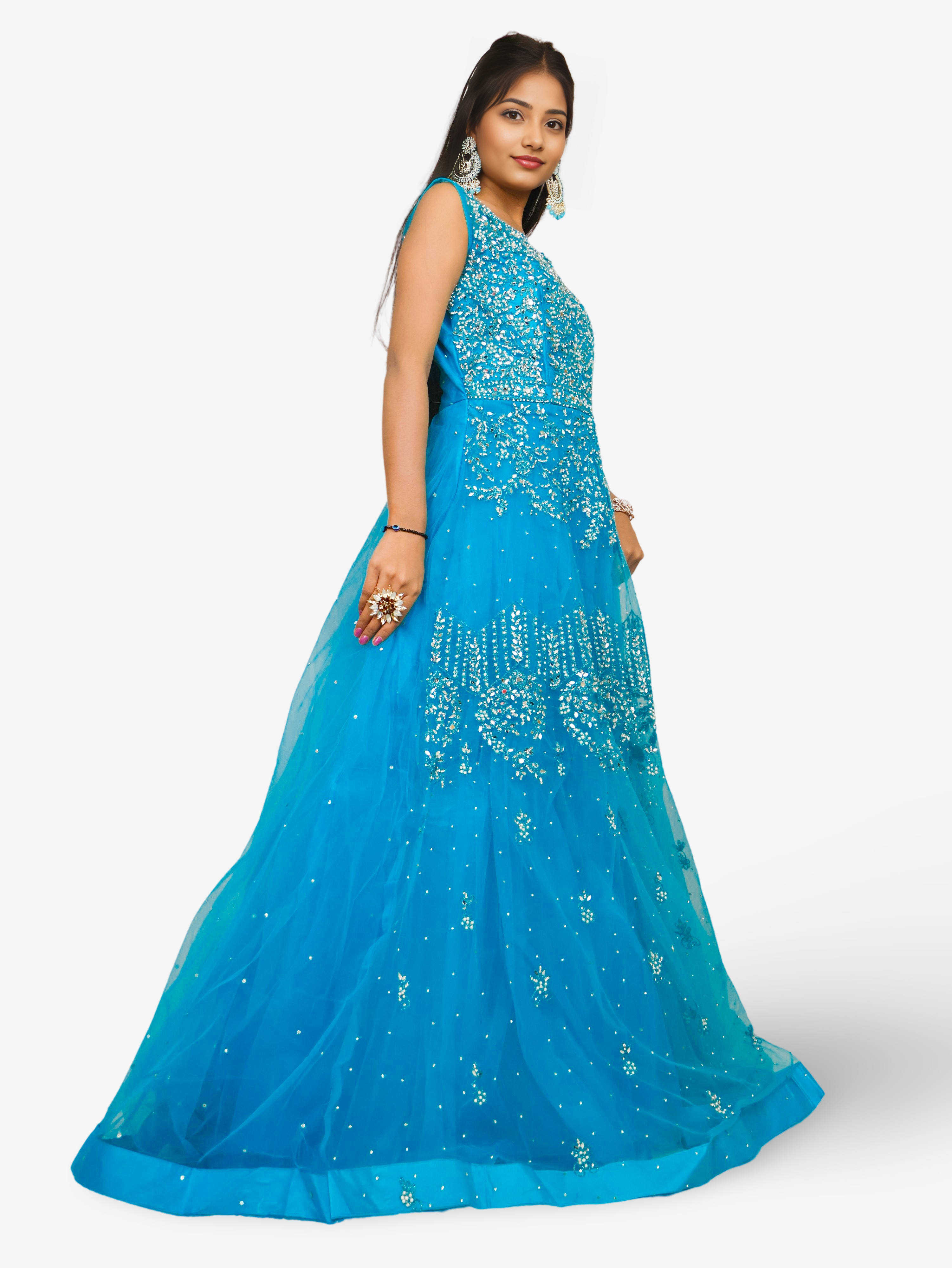 Net Fabric Gown with Mirror & Pearls by Shreekama Blue Designer Gowns for Party Festival Wedding Occasion in Noida