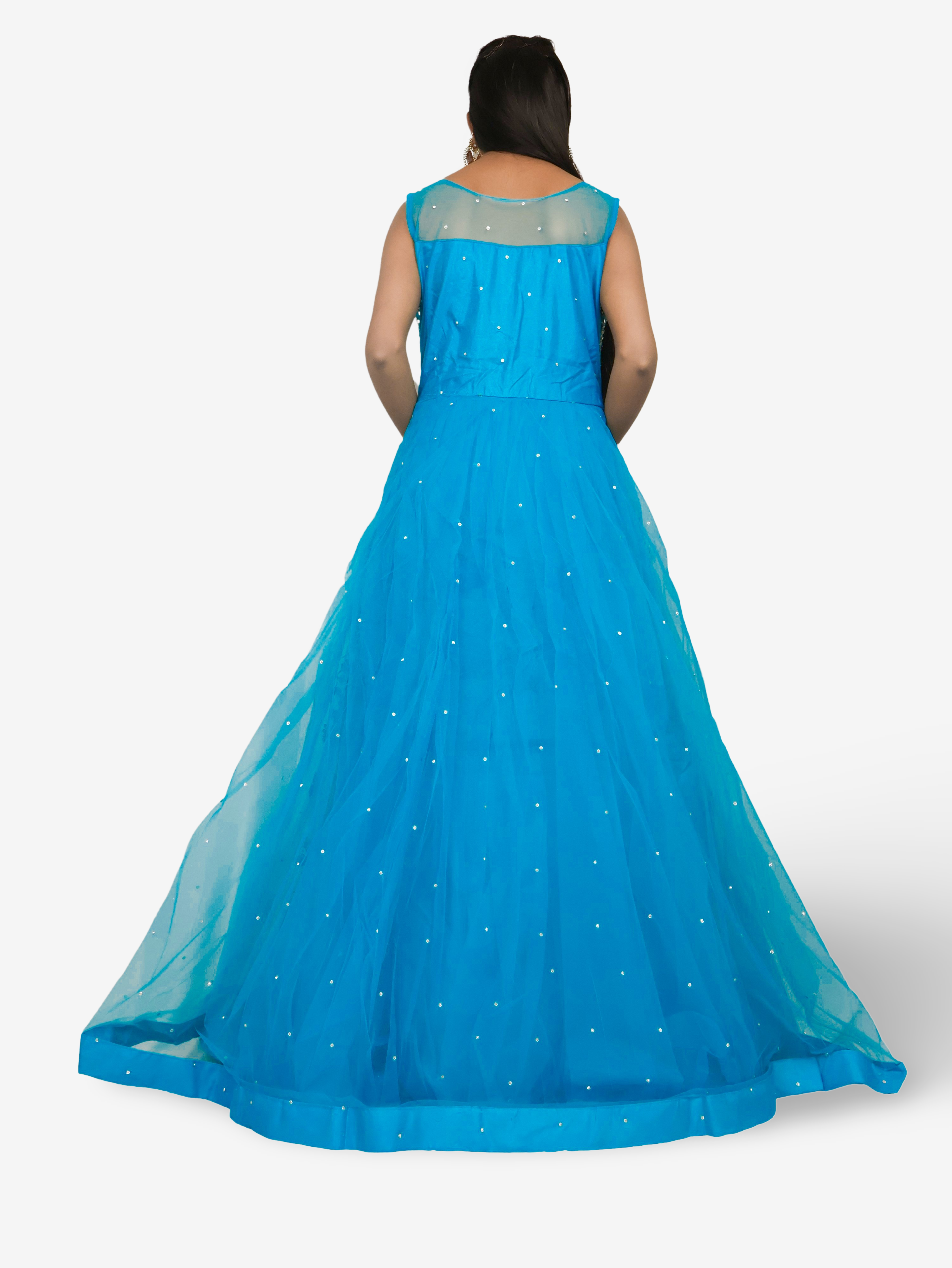 Net Fabric Gown with Mirror & Pearls by Shreekama Blue Designer Gowns for Party Festival Wedding Occasion in Noida