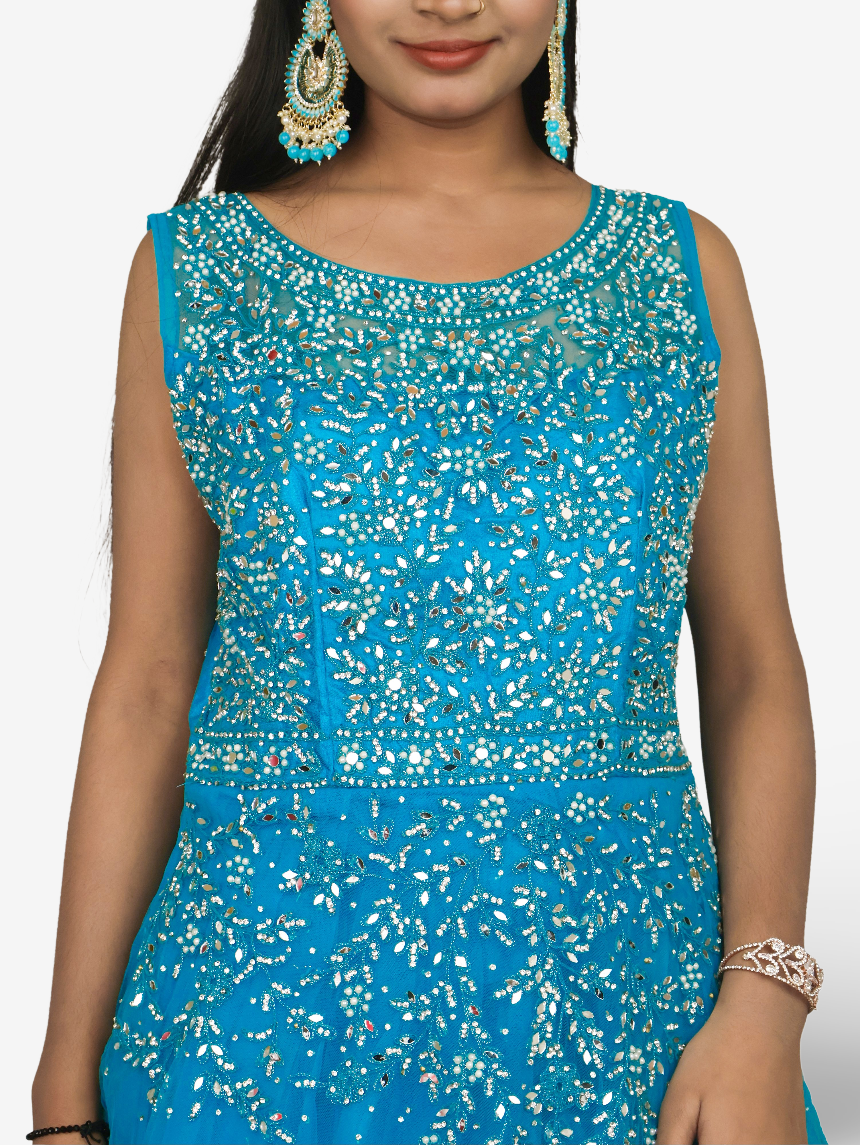 Net Fabric Gown with Mirror & Pearls by Shreekama Blue Designer Gowns for Party Festival Wedding Occasion in Noida
