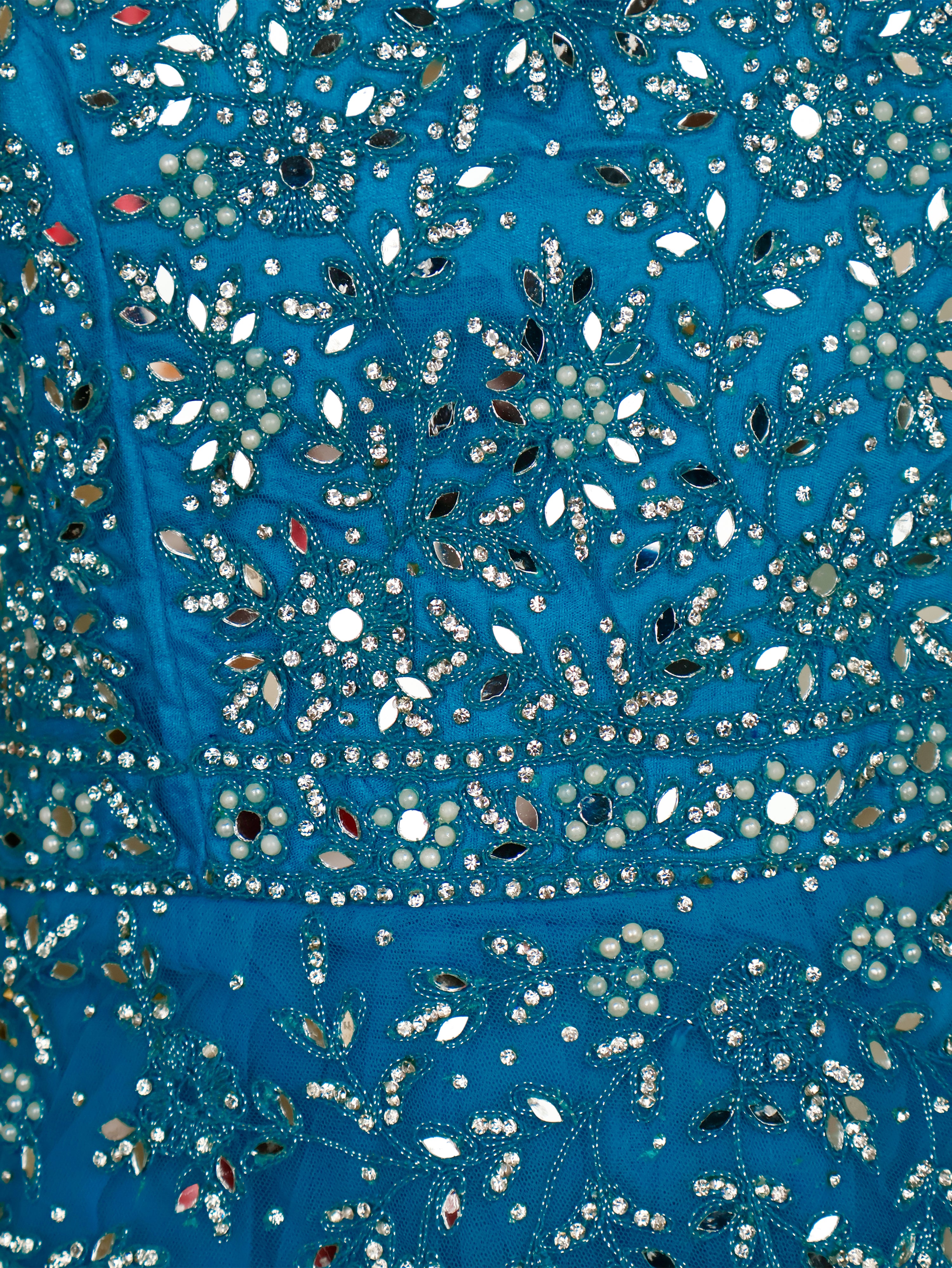 Net Fabric Gown with Mirror & Pearls by Shreekama Blue Designer Gowns for Party Festival Wedding Occasion in Noida