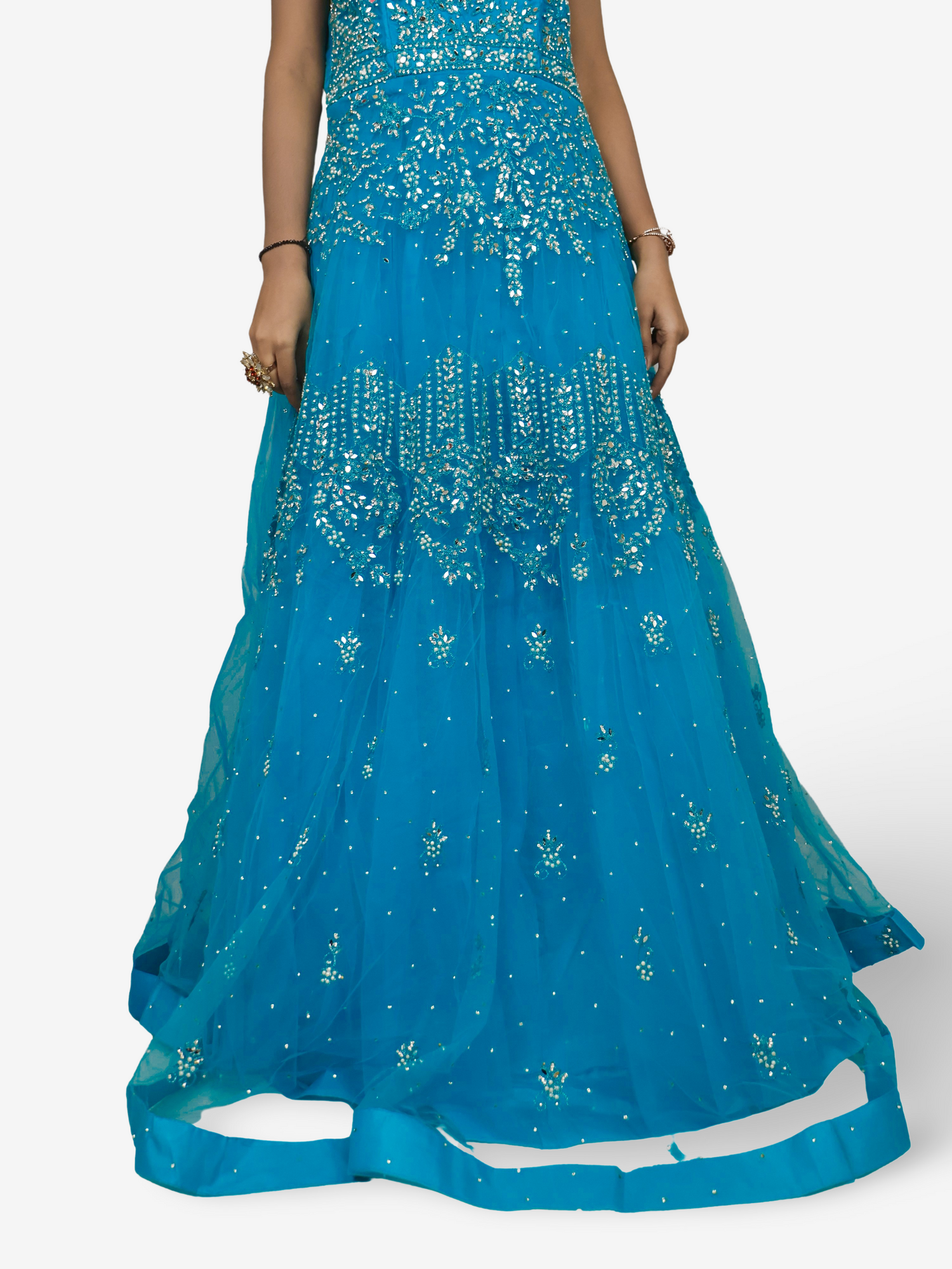 Net Fabric Gown with Mirror & Pearls by Shreekama Blue Designer Gowns for Party Festival Wedding Occasion in Noida