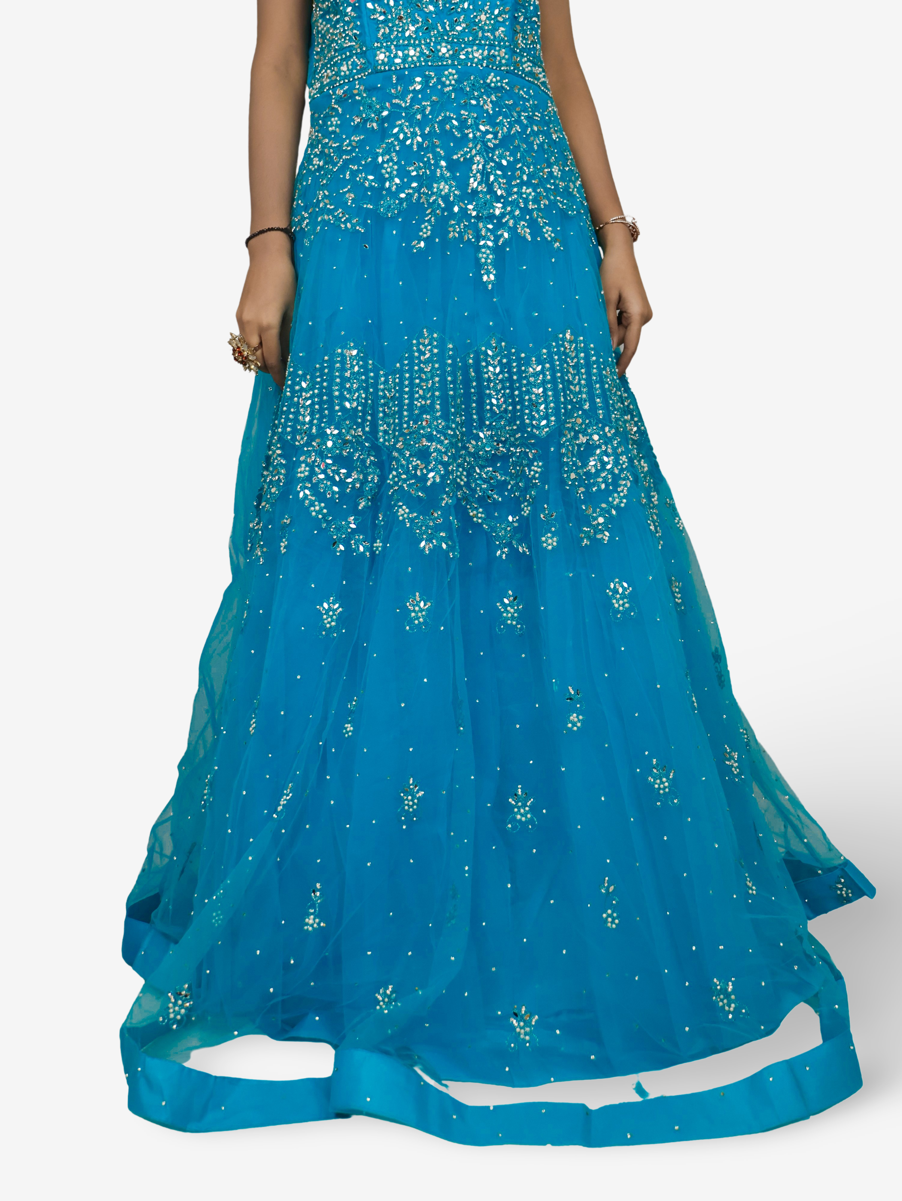 Net Fabric Gown with Mirror & Pearls by Shreekama Blue Designer Gowns for Party Festival Wedding Occasion in Noida