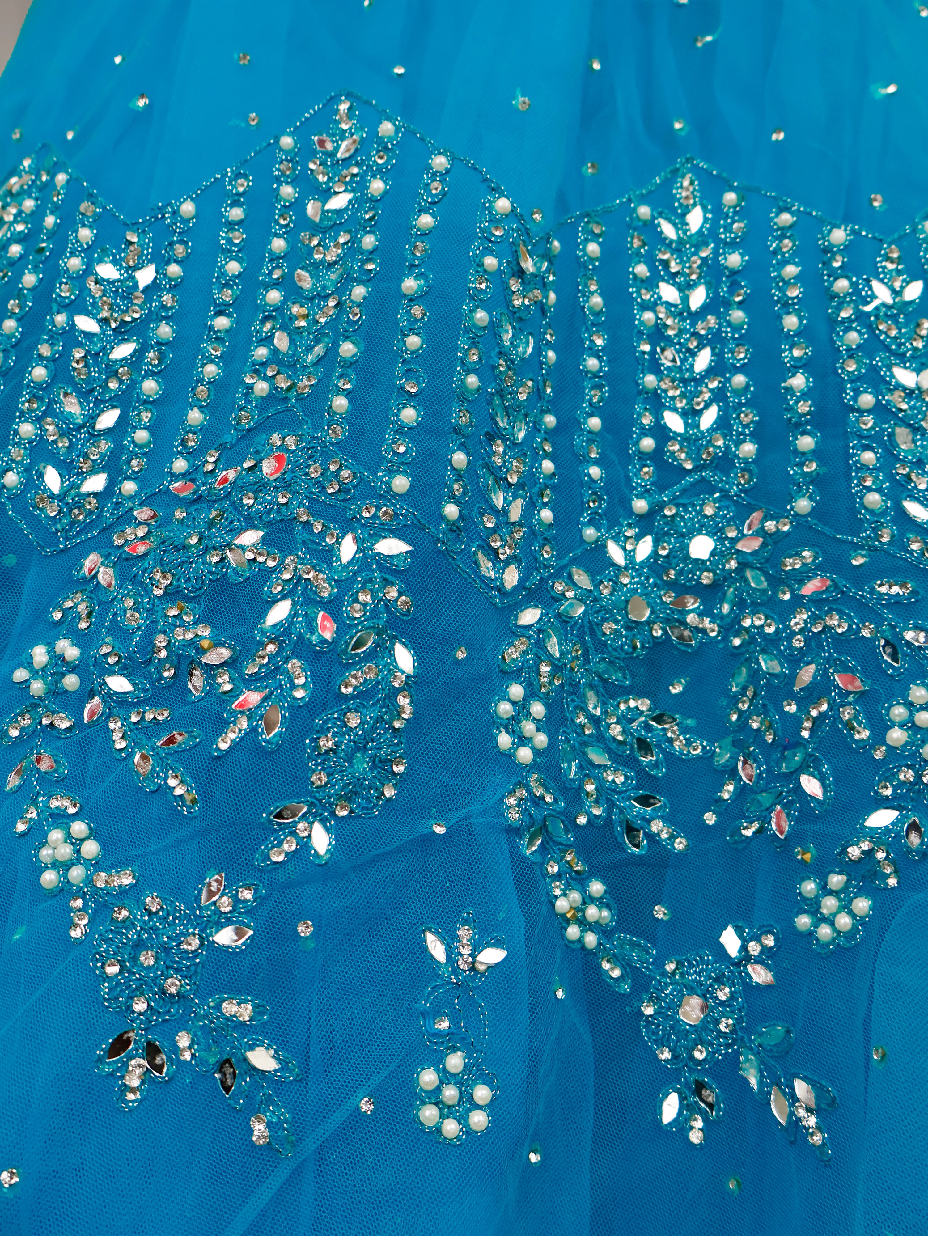 Net Fabric Gown with Mirror & Pearls by Shreekama Blue Designer Gowns for Party Festival Wedding Occasion in Noida