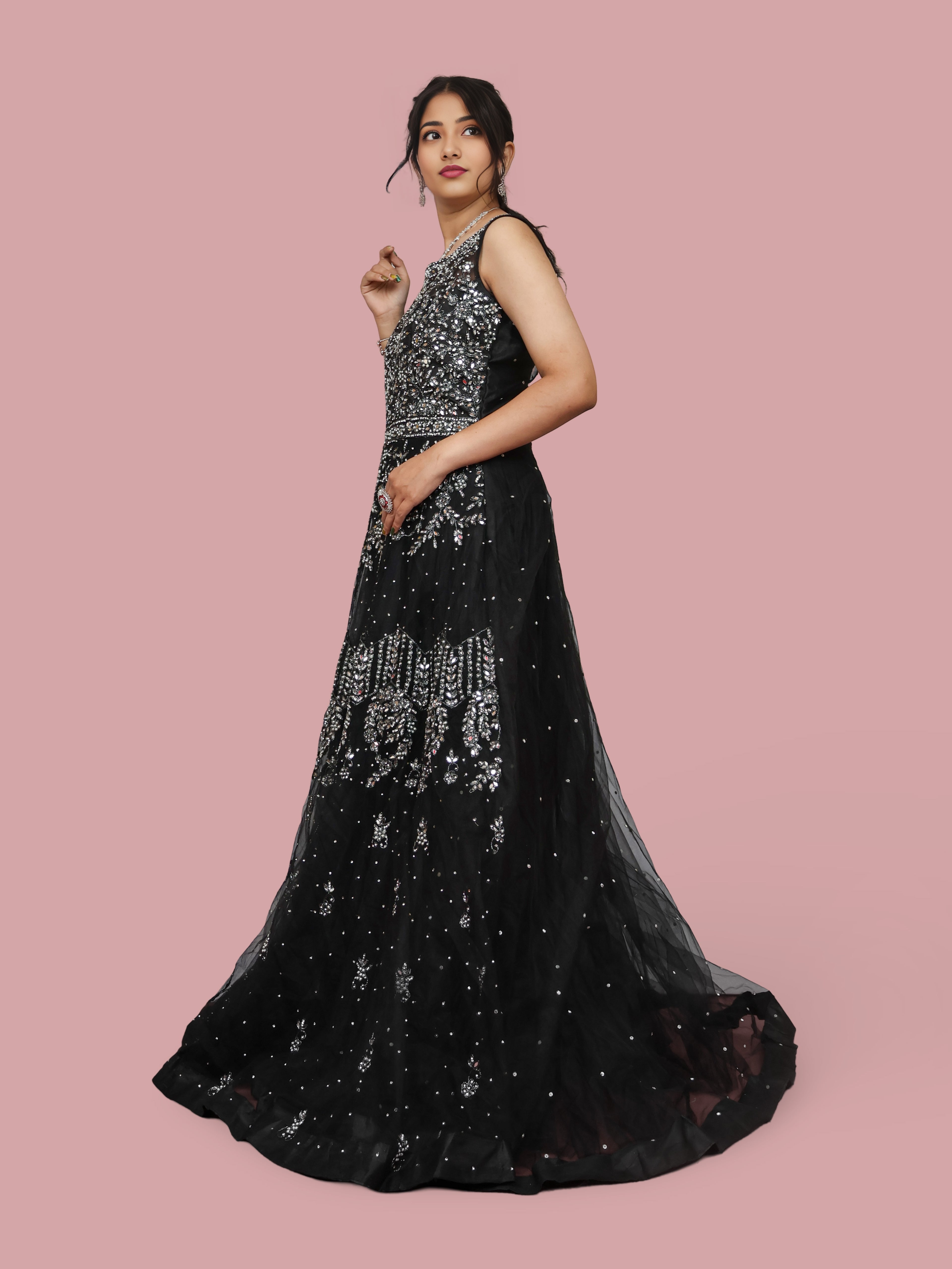 Net Fabric Gown with Mirror & Pearls by Shreekama Black Designer Gowns for Party Festival Wedding Occasion in Noida