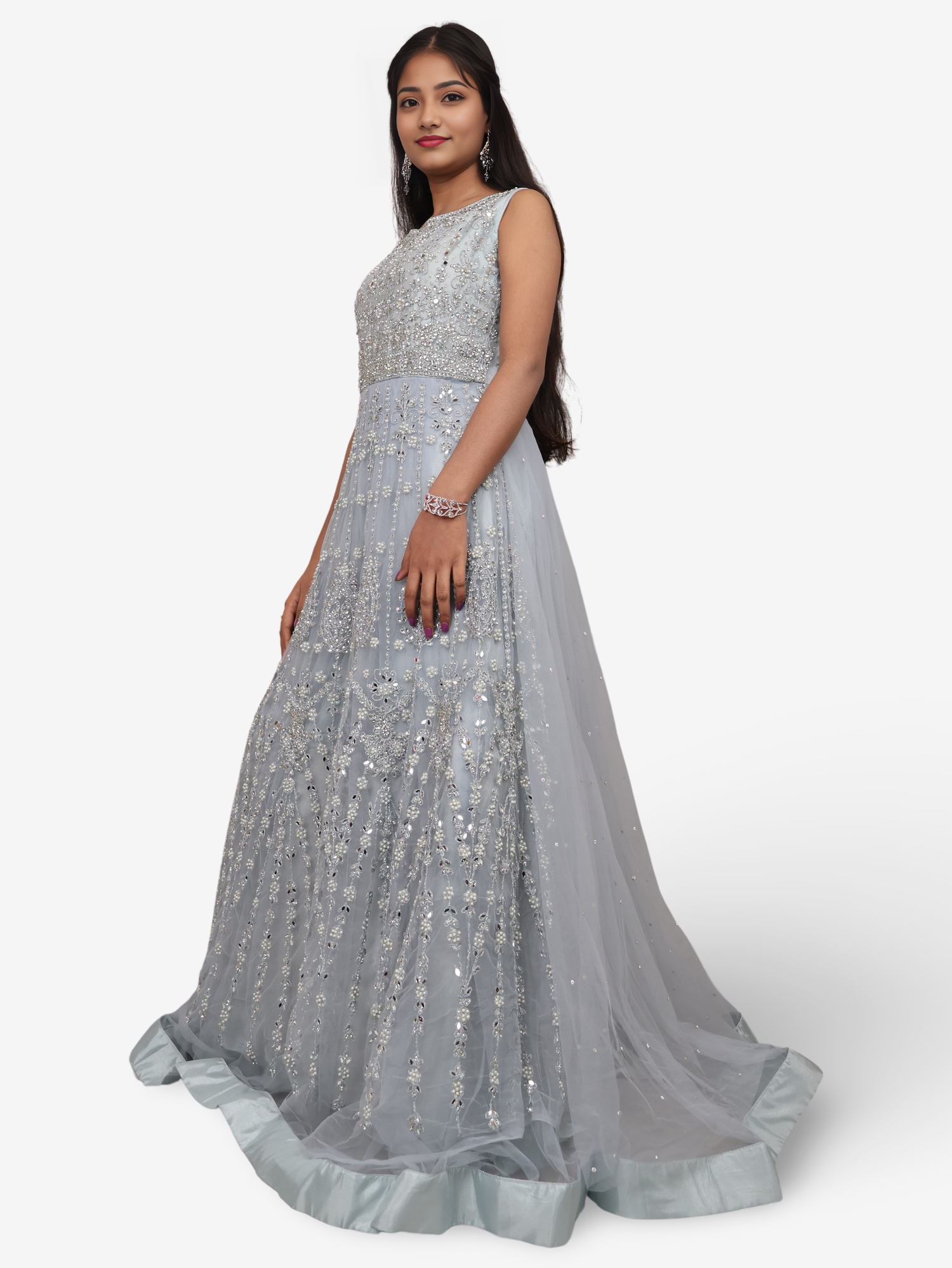 Net Fabric Gown with Pearl & Embroidery by Shreekama Grey Designer Gowns for Party Festival Wedding Occasion in Noida