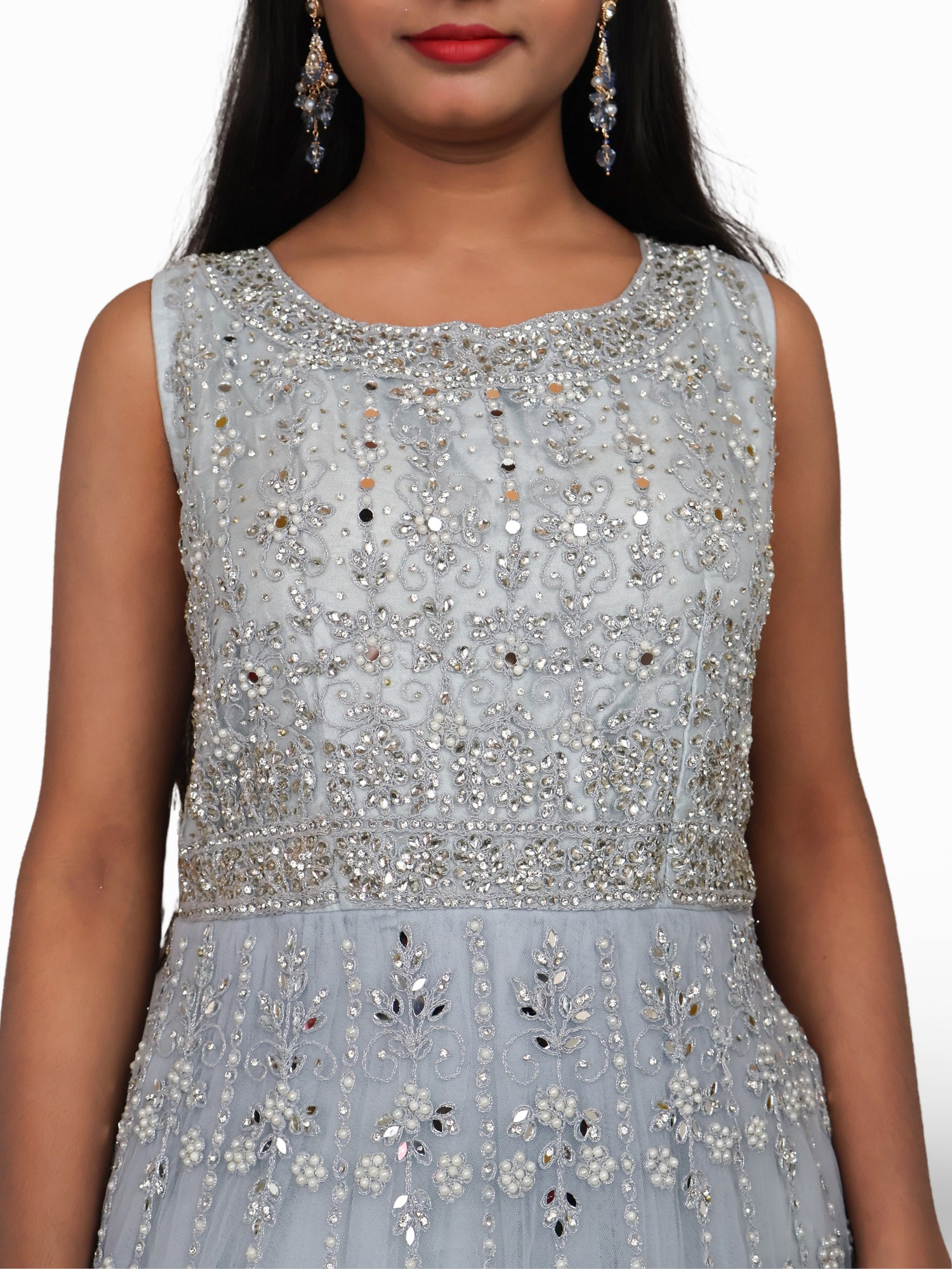 Net Fabric Gown with Pearl & Embroidery by Shreekama Grey Designer Gowns for Party Festival Wedding Occasion in Noida