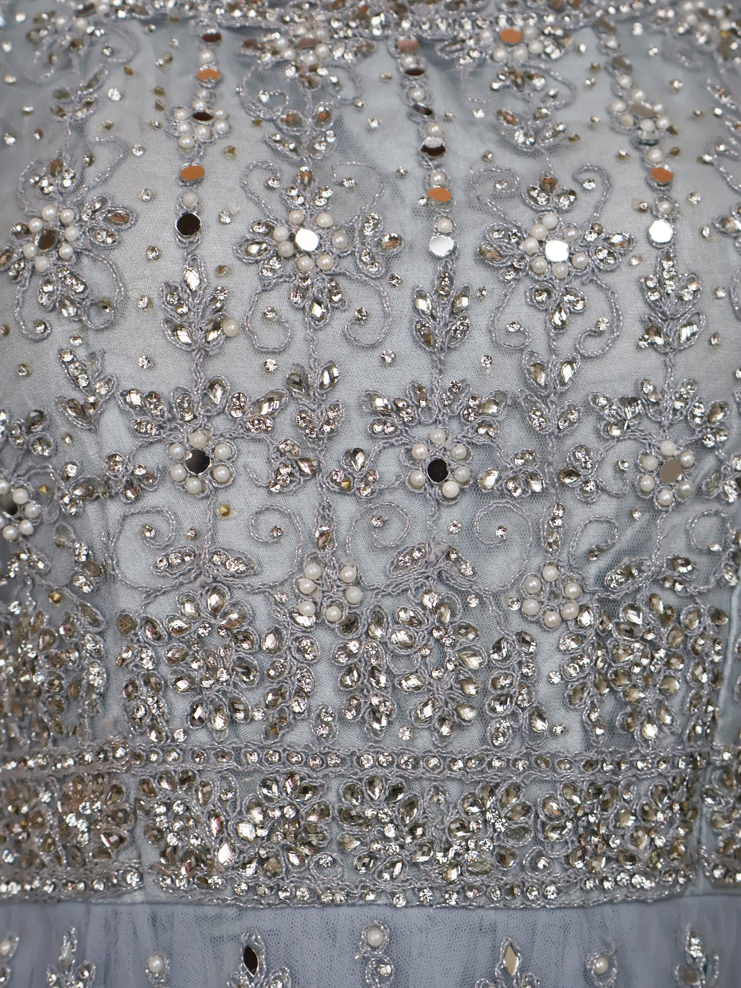 Net Fabric Gown with Pearl & Embroidery by Shreekama Grey Designer Gowns for Party Festival Wedding Occasion in Noida