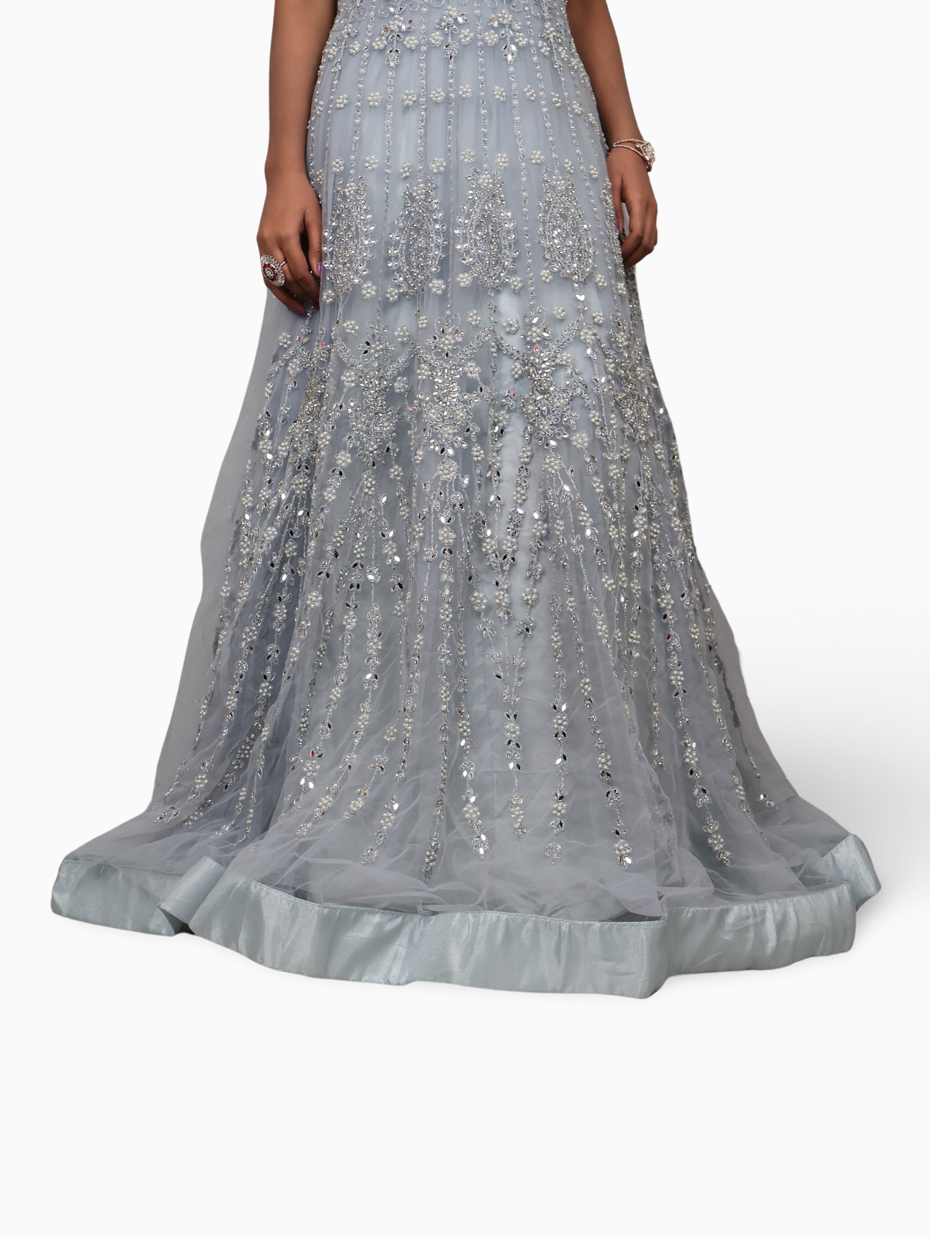 Net Fabric Gown with Pearl & Embroidery by Shreekama Grey Designer Gowns for Party Festival Wedding Occasion in Noida