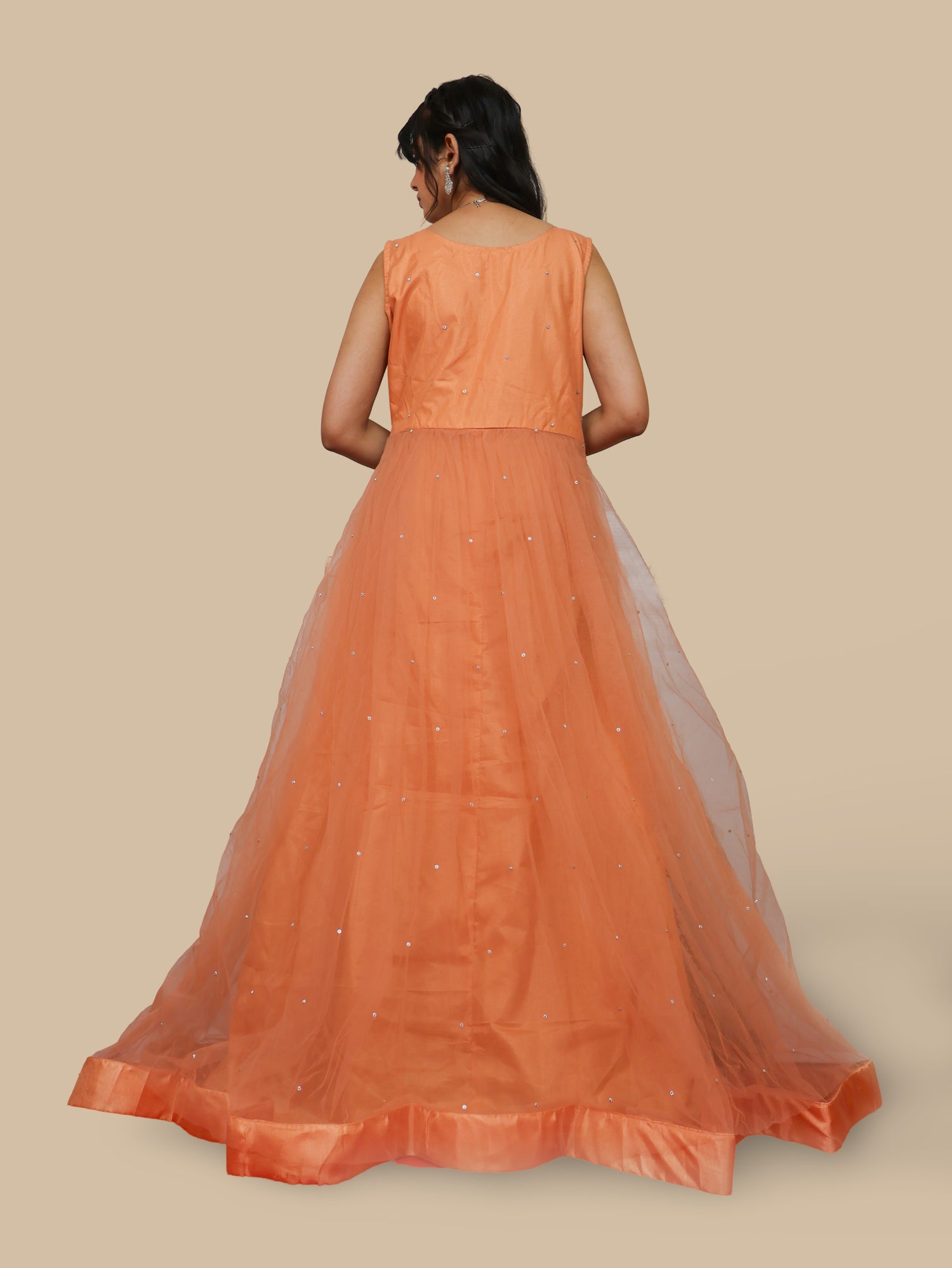 Net Fabric Gown with Pearl & Embroidery by Shreekama Peach Designer Gowns for Party Festival Wedding Occasion in Noida