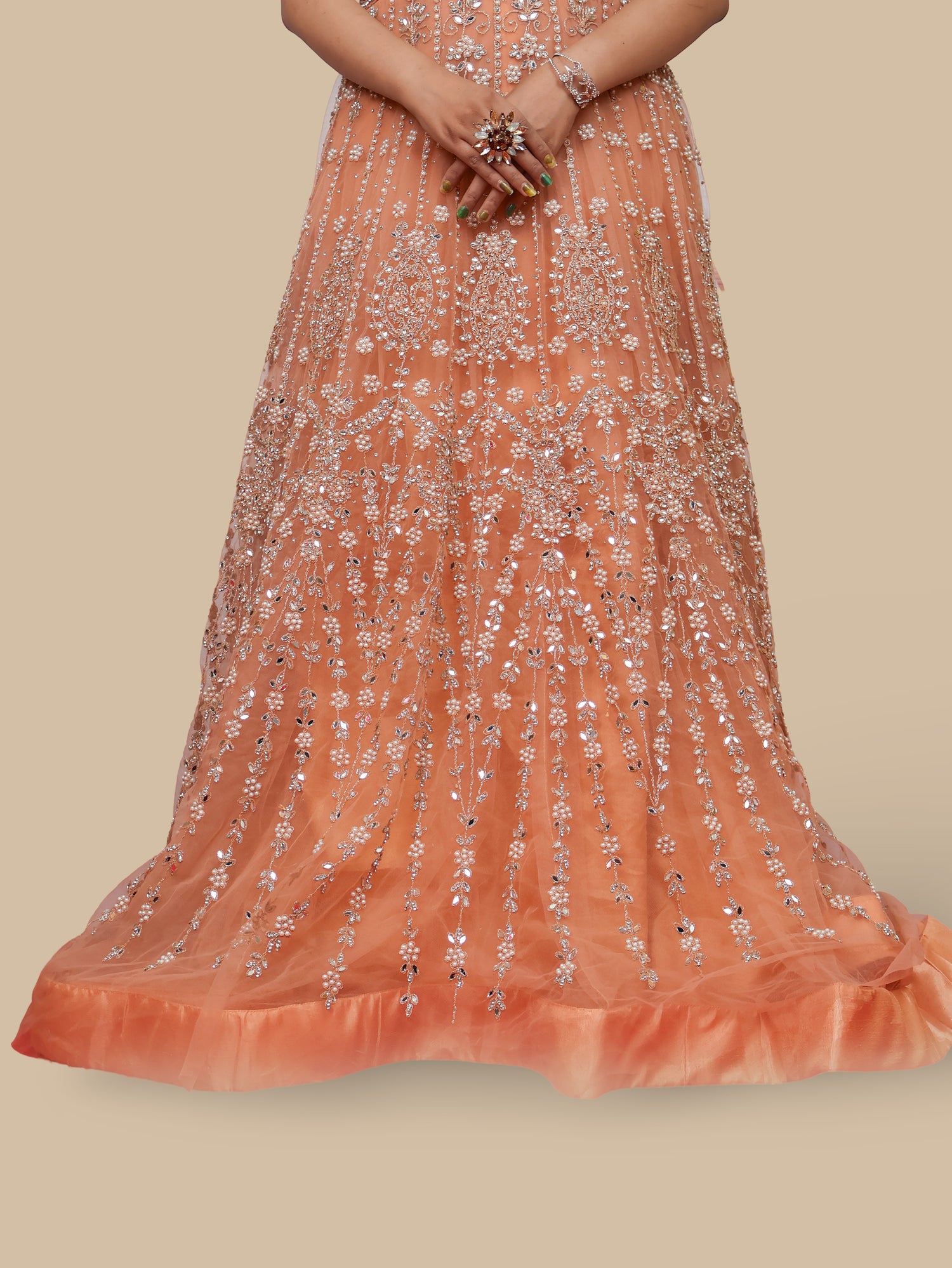 Net Fabric Gown with Pearl & Embroidery by Shreekama Peach Designer Gowns for Party Festival Wedding Occasion in Noida