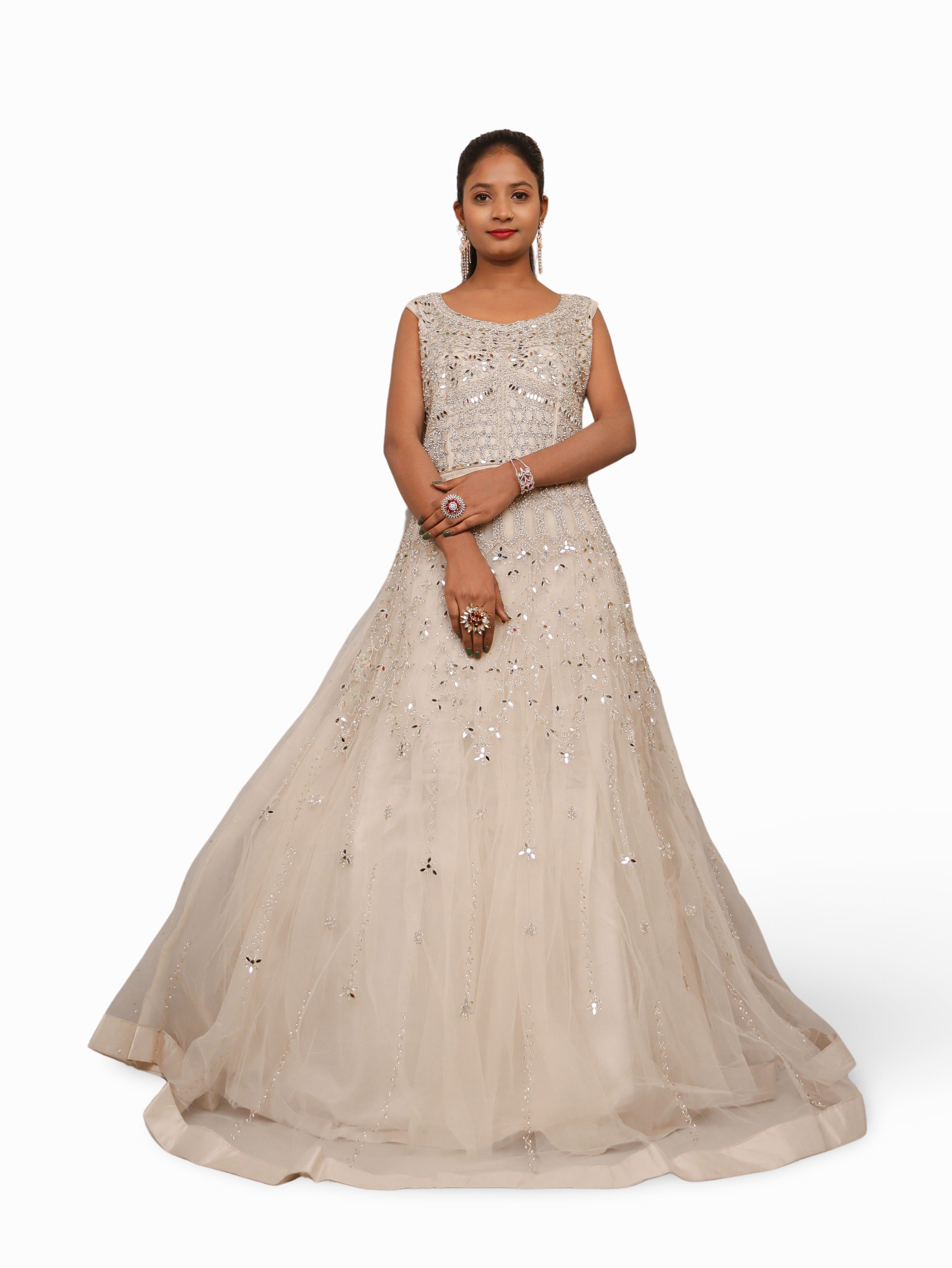 Off White Gown with Mirror & Thread Work by Shreekama Off White Designer Gowns for Party Festival Wedding Occasion in Noida