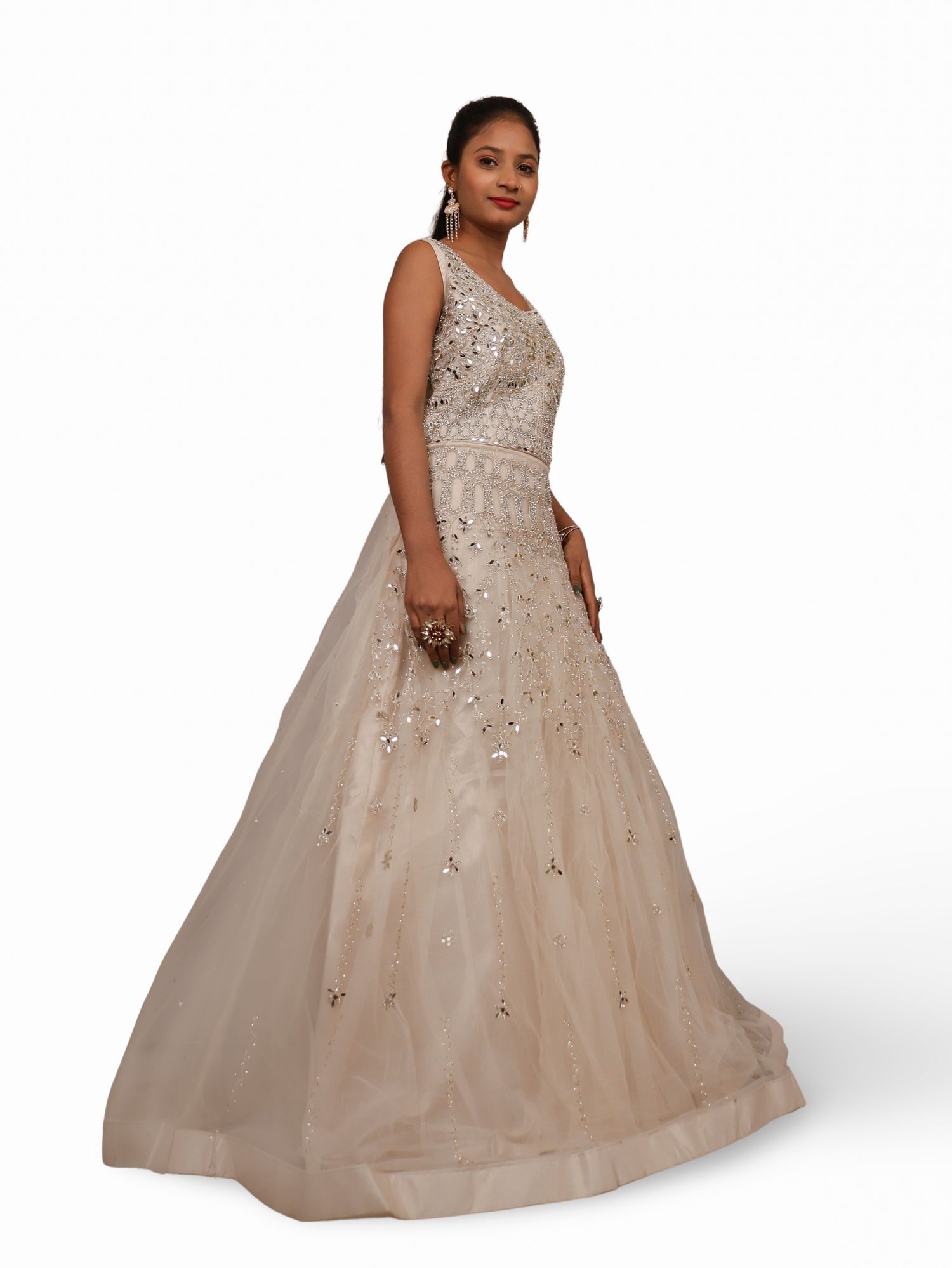 Off White Gown with Mirror & Thread Work by Shreekama Off White Designer Gowns for Party Festival Wedding Occasion in Noida