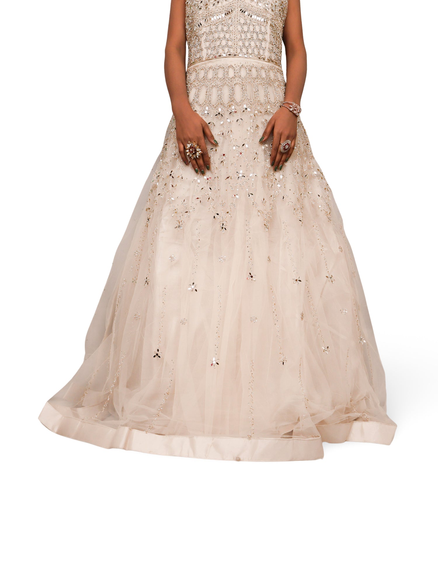 Off White Gown with Mirror & Thread Work by Shreekama Off White Designer Gowns for Party Festival Wedding Occasion in Noida