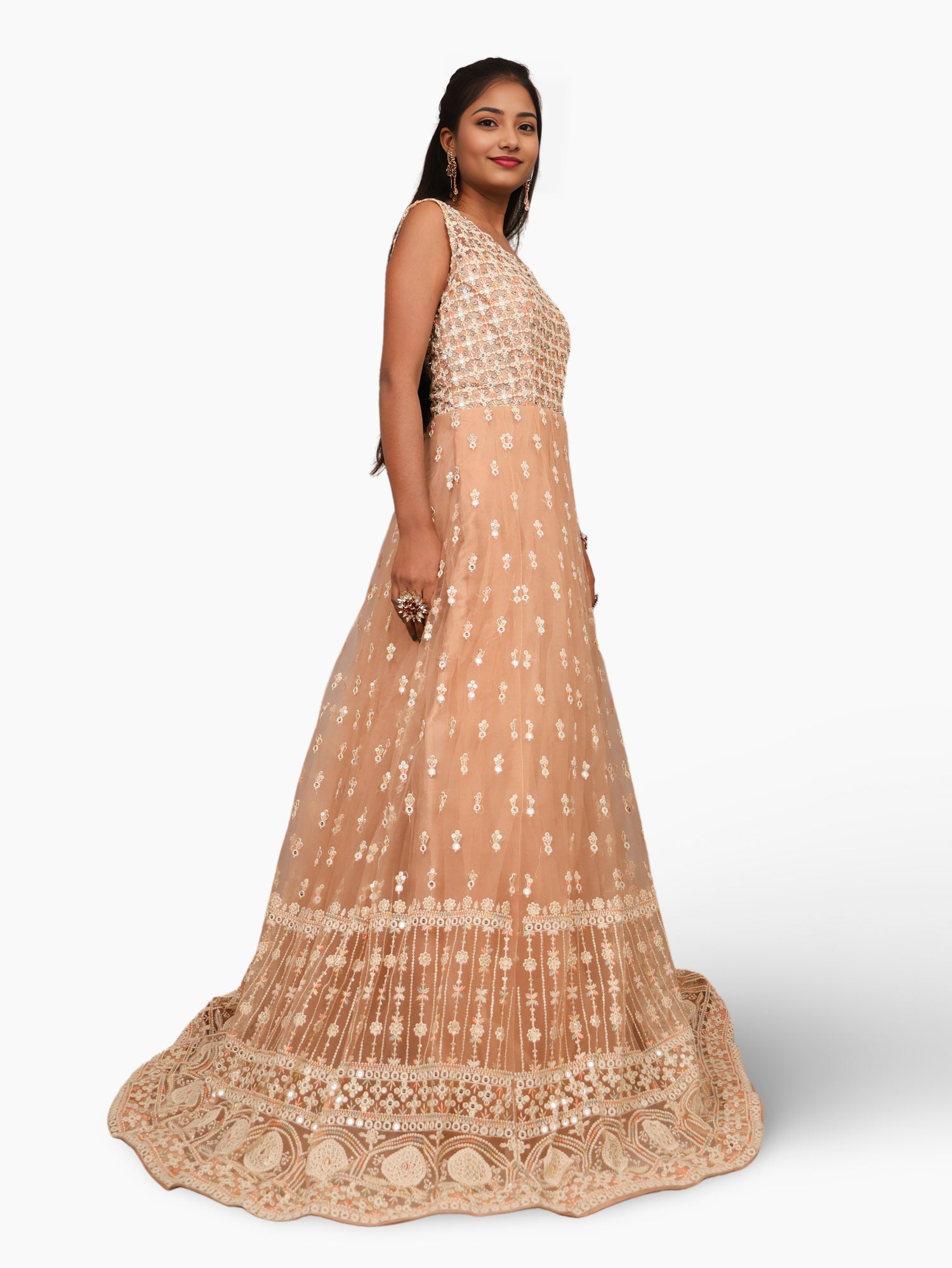 Net Fabric Gown with Sequin & Embroidery Work by Shreekama Peach Designer Gowns for Party Festival Wedding Occasion in Noida