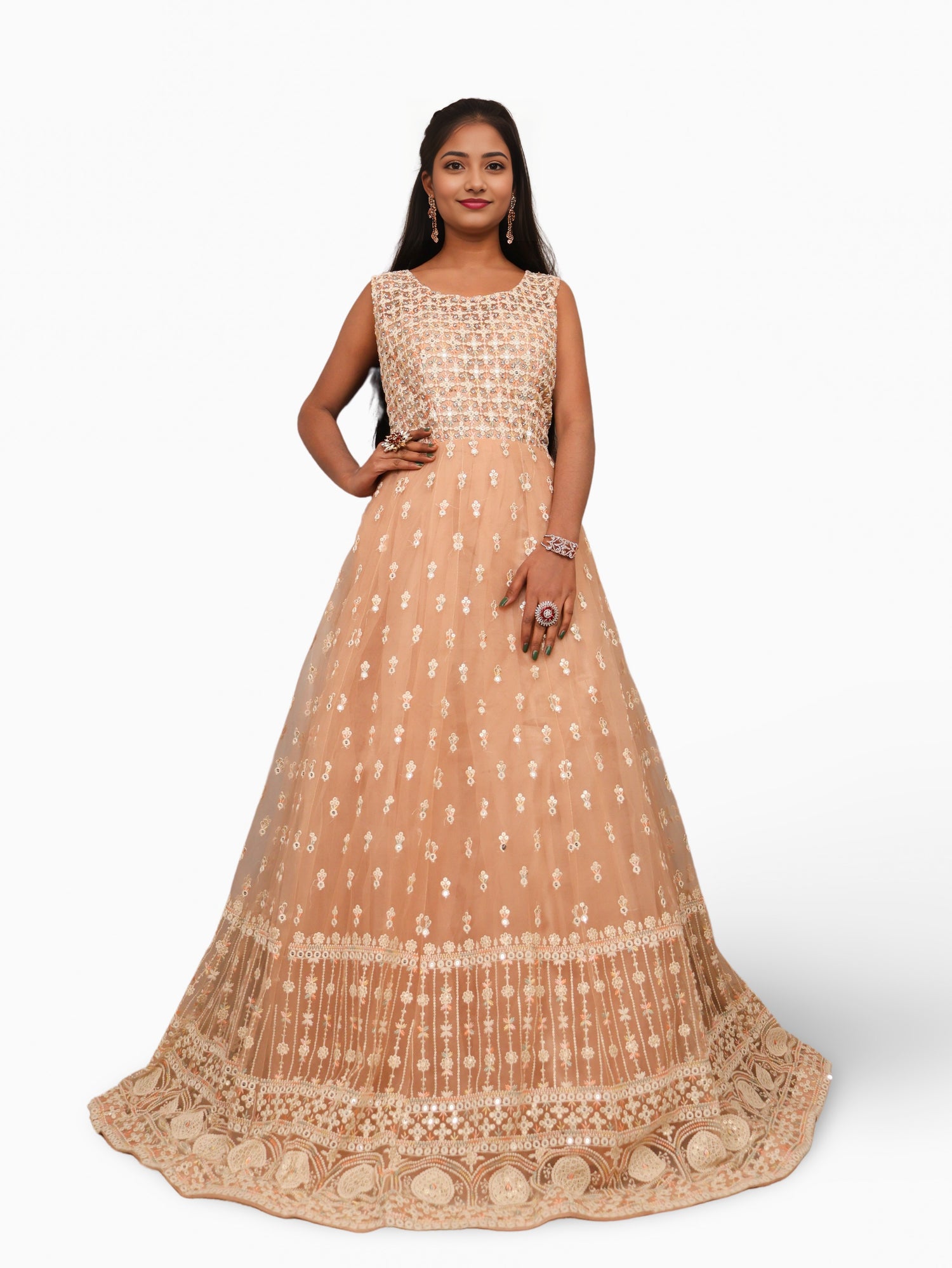 Net Fabric Gown with Sequin & Embroidery Work by Shreekama Peach Designer Gowns for Party Festival Wedding Occasion in Noida