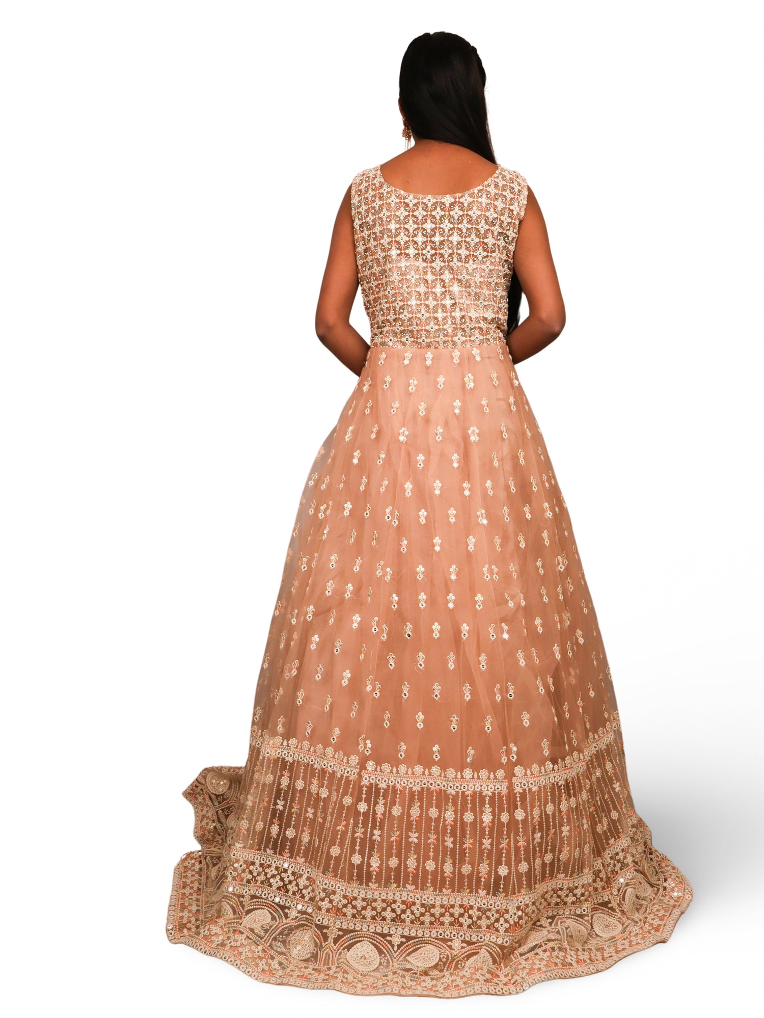 Net Fabric Gown with Sequin & Embroidery Work by Shreekama Peach Designer Gowns for Party Festival Wedding Occasion in Noida