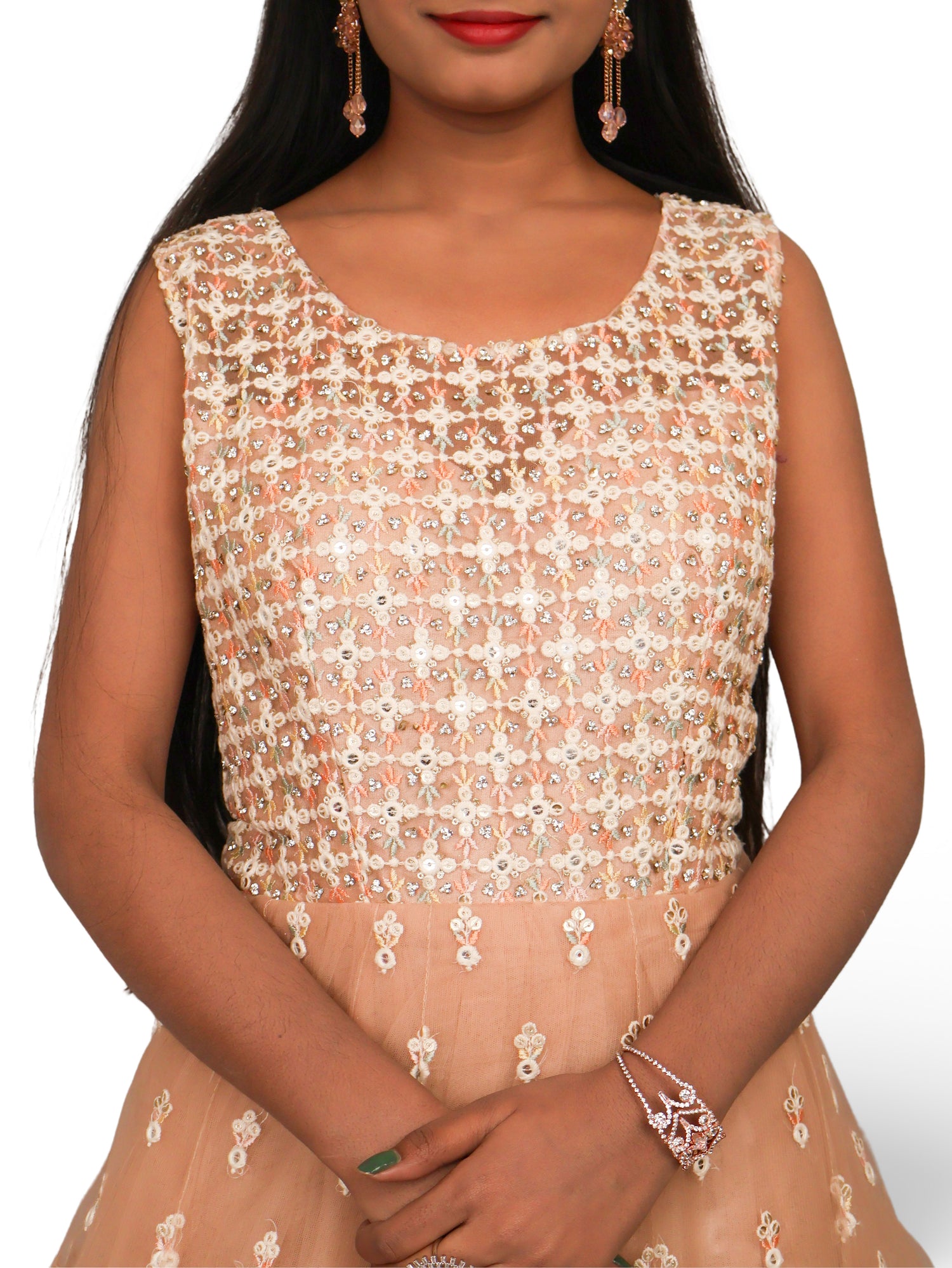 Net Fabric Gown with Sequin & Embroidery Work by Shreekama Peach Designer Gowns for Party Festival Wedding Occasion in Noida