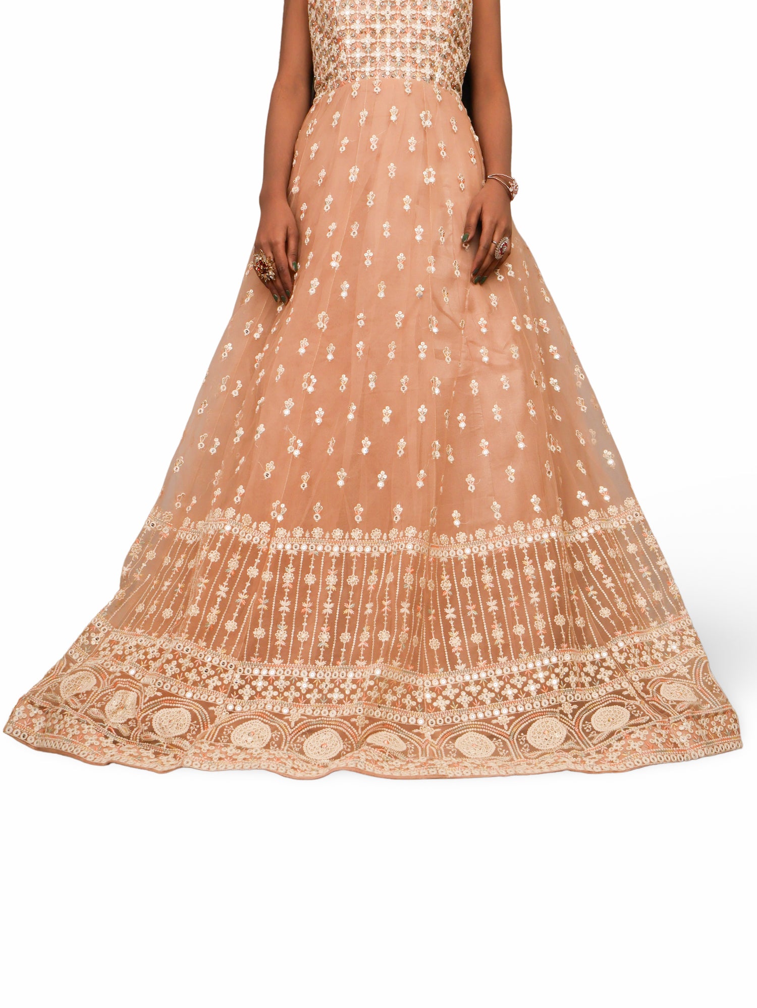 Net Fabric Gown with Sequin & Embroidery Work by Shreekama Peach Designer Gowns for Party Festival Wedding Occasion in Noida