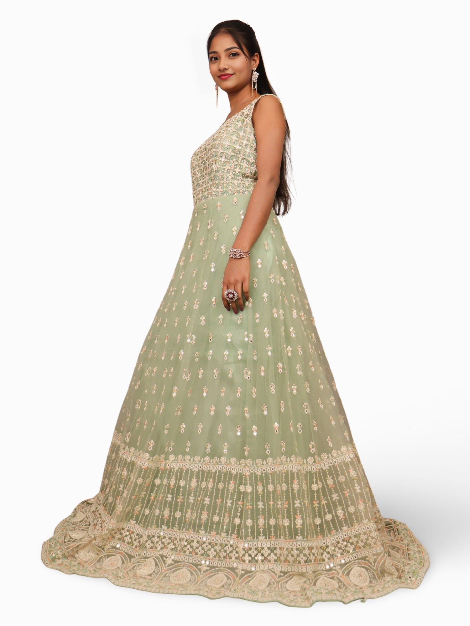 Net Fabric Gown with Sequin & Embroidery Work by Shreekama Pista Green Designer Gowns for Party Festival Wedding Occasion in Noida