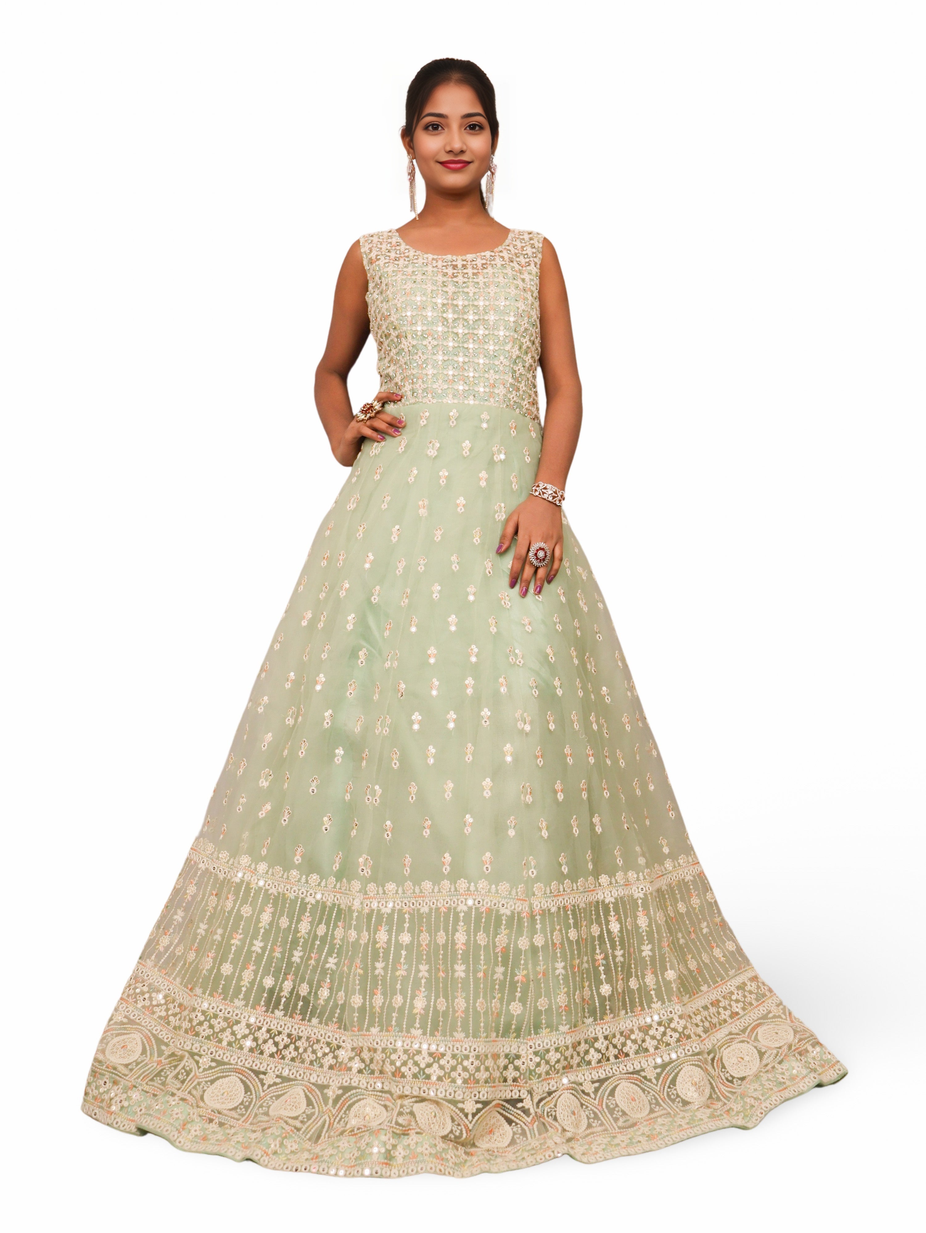 Net Fabric Gown with Sequin & Embroidery Work by Shreekama Pista Green Designer Gowns for Party Festival Wedding Occasion in Noida