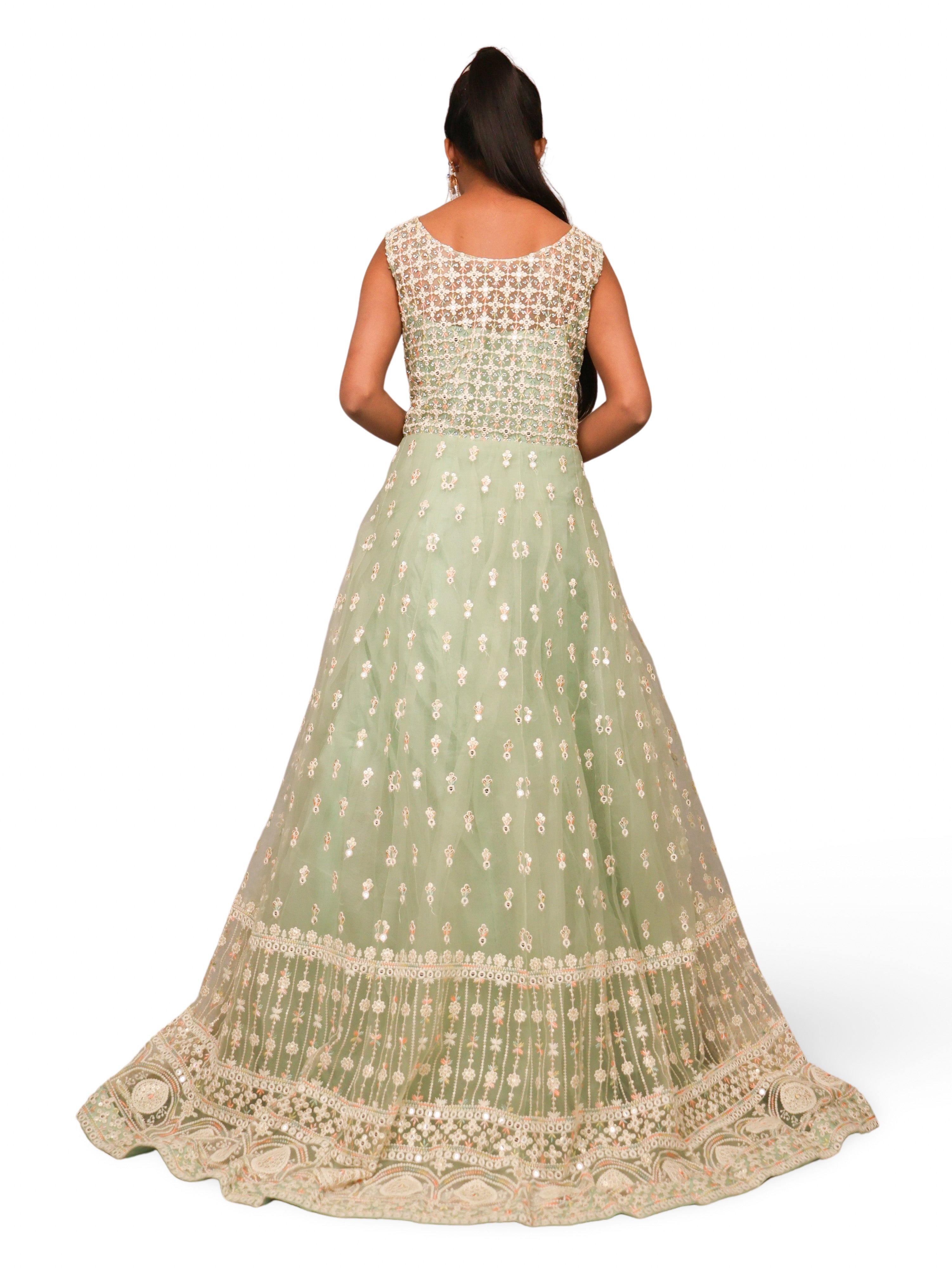 Net Fabric Gown with Sequin & Embroidery Work by Shreekama Pista Green Designer Gowns for Party Festival Wedding Occasion in Noida